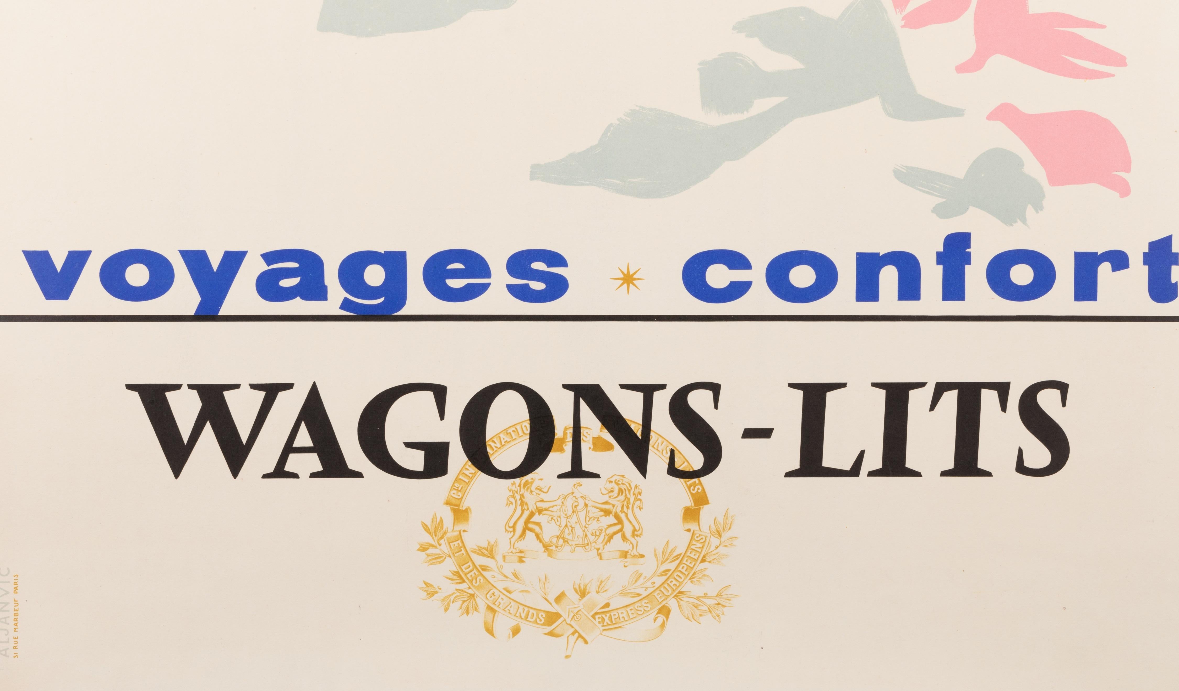 Colin, Original Vintage Poster, Wagons Lits, Train, Beach, Sea, Ship, 1950 In Good Condition For Sale In SAINT-OUEN-SUR-SEINE, FR
