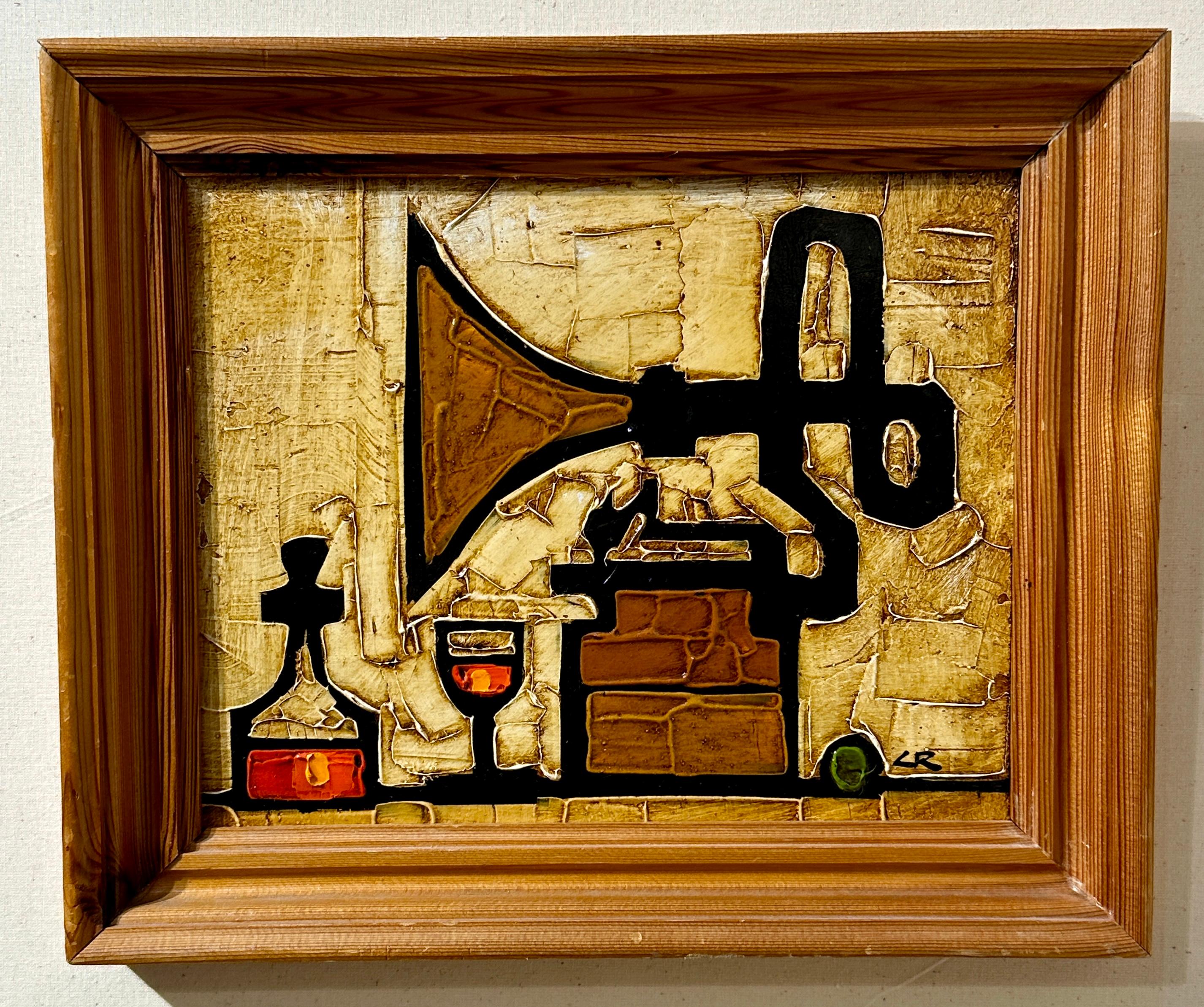 Modern British, Interior with an old record player, port decanter and glass - Painting by Colin Ruffell