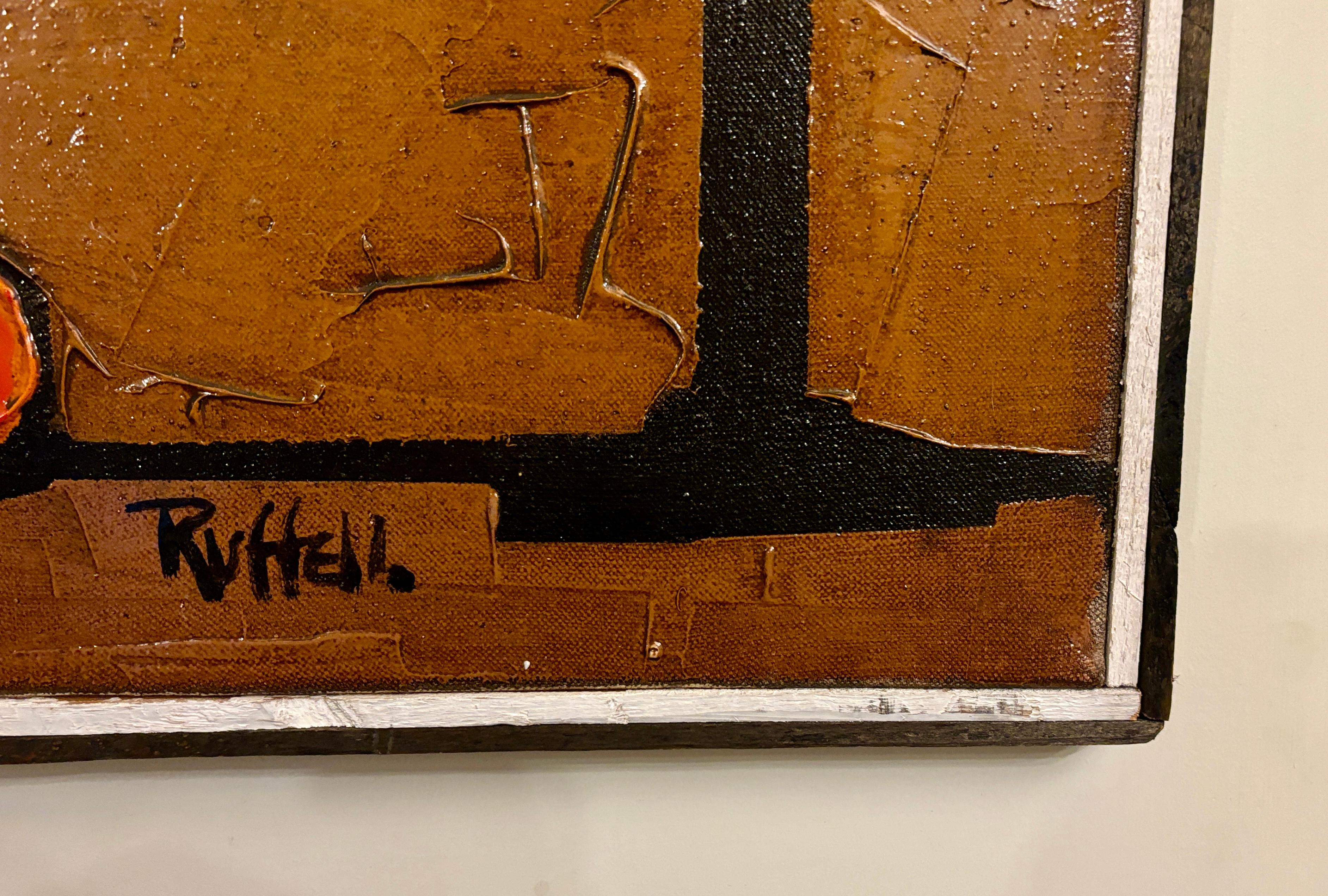 Modernista inglese degli anni '70, interno con vecchio giradischi Porto di vetro per decanter - Painting Moderno di Colin Ruffell