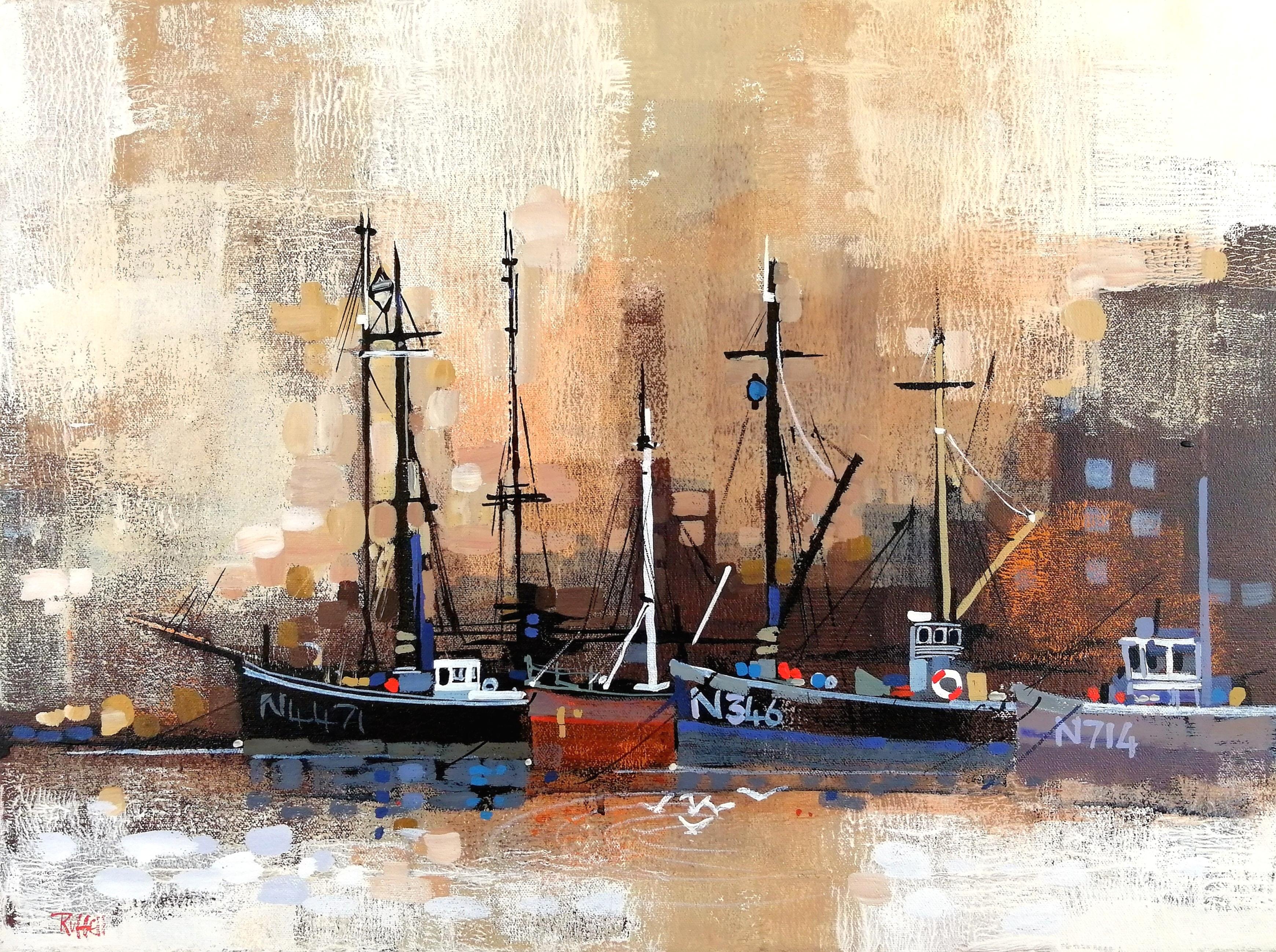 Barche di Newlyn, Cornovaglia - Pittura ad olio astratta della Cornovaglia, paesaggio costiero britannico - Painting di Colin Ruffell
