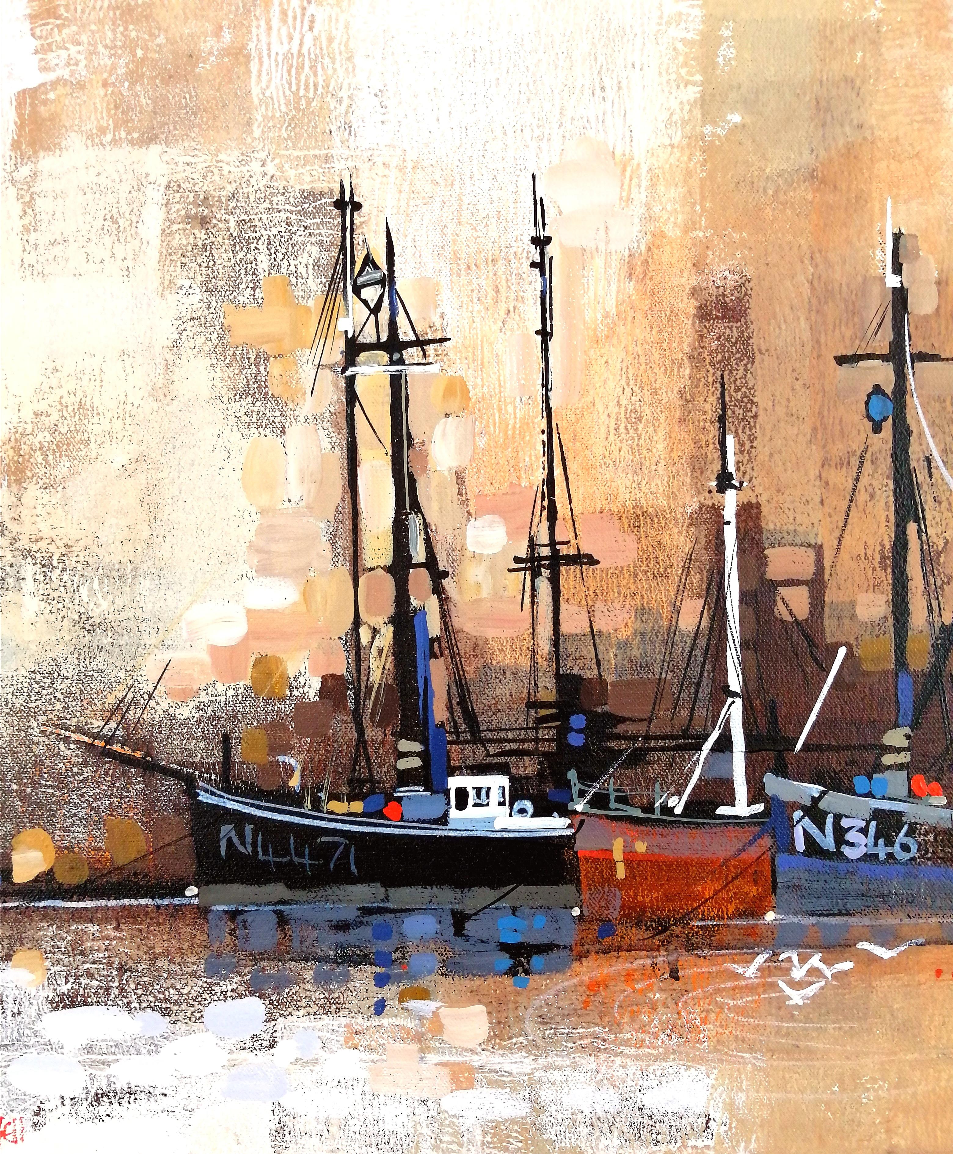 Barche di Newlyn, Cornovaglia - Pittura ad olio astratta della Cornovaglia, paesaggio costiero britannico - Painting Astratto di Colin Ruffell