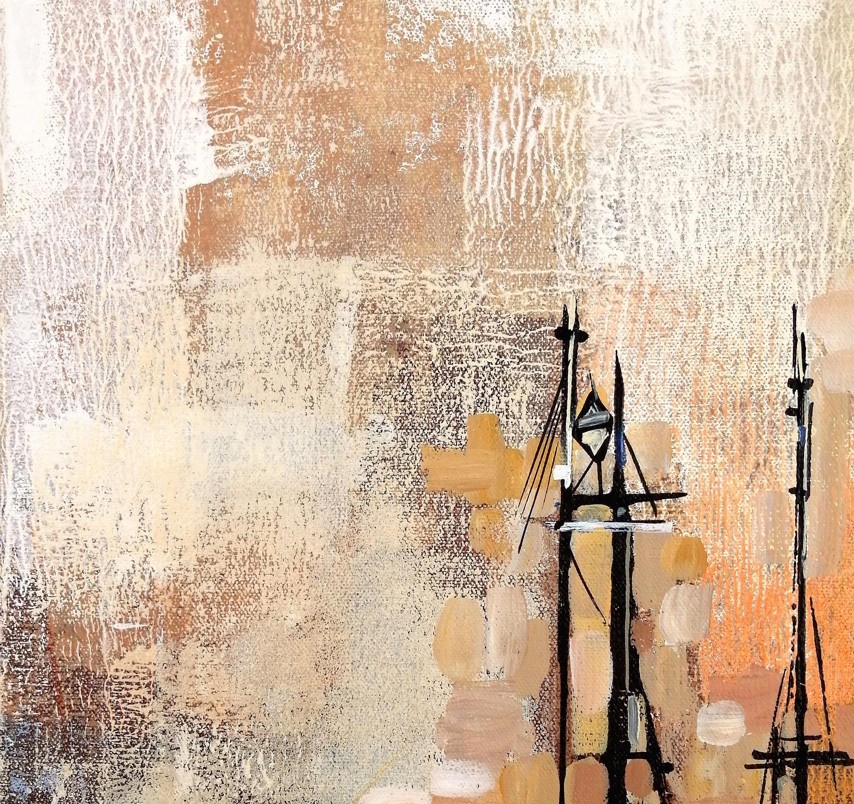 Un raffinato olio astratto su tela del XX secolo che raffigura le barche da pesca di Newlyn in un porto della Cornovaglia, opera del popolare artista e illustratore britannico Colin Ruffell. 

Dipinto come parte di una serie che l'artista ha creato