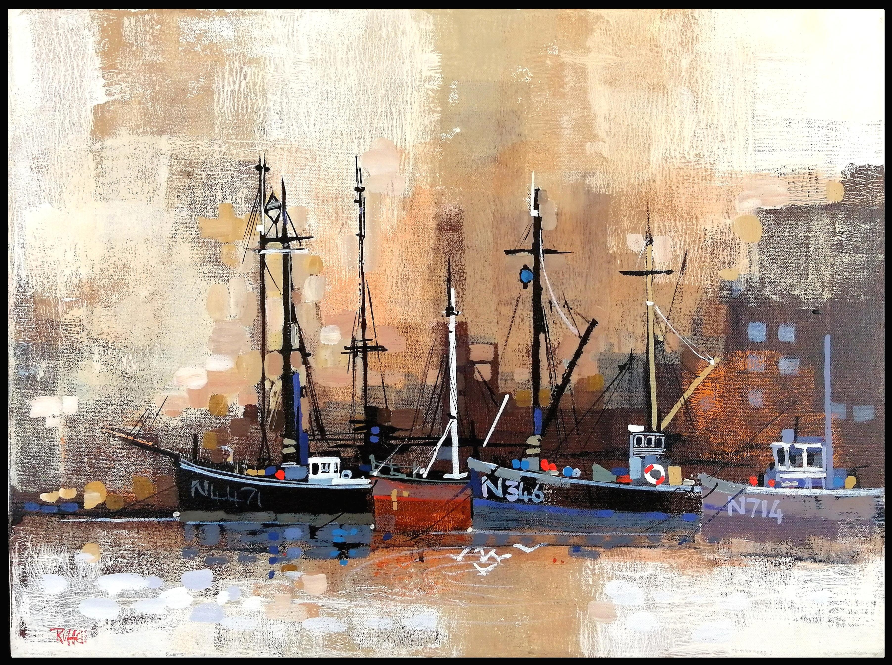 Landscape Painting di Colin Ruffell - Barche di Newlyn, Cornovaglia - Pittura ad olio astratta della Cornovaglia, paesaggio costiero britannico