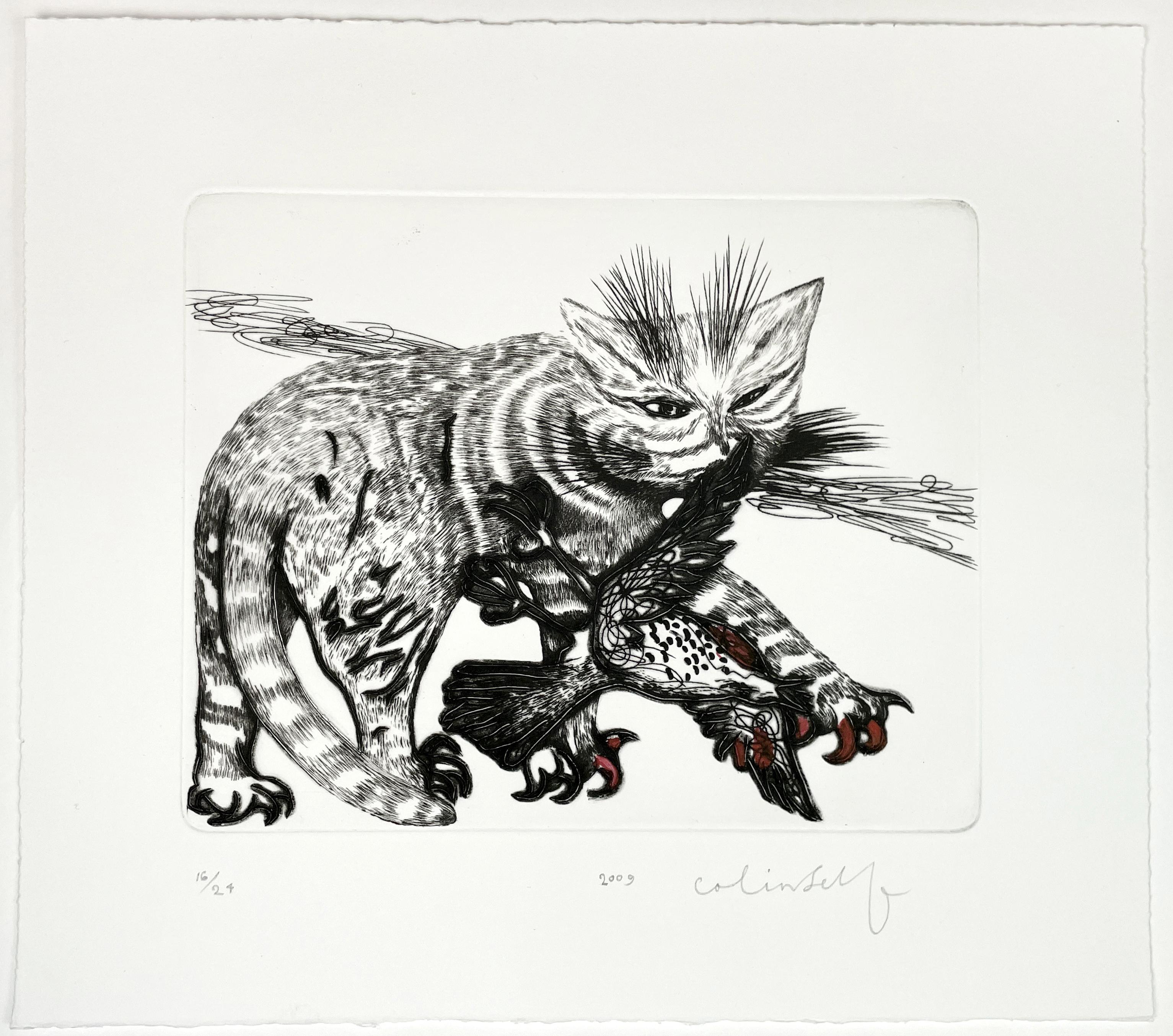 Cat avec griffes rouges et oiseaux - Print de Colin Self