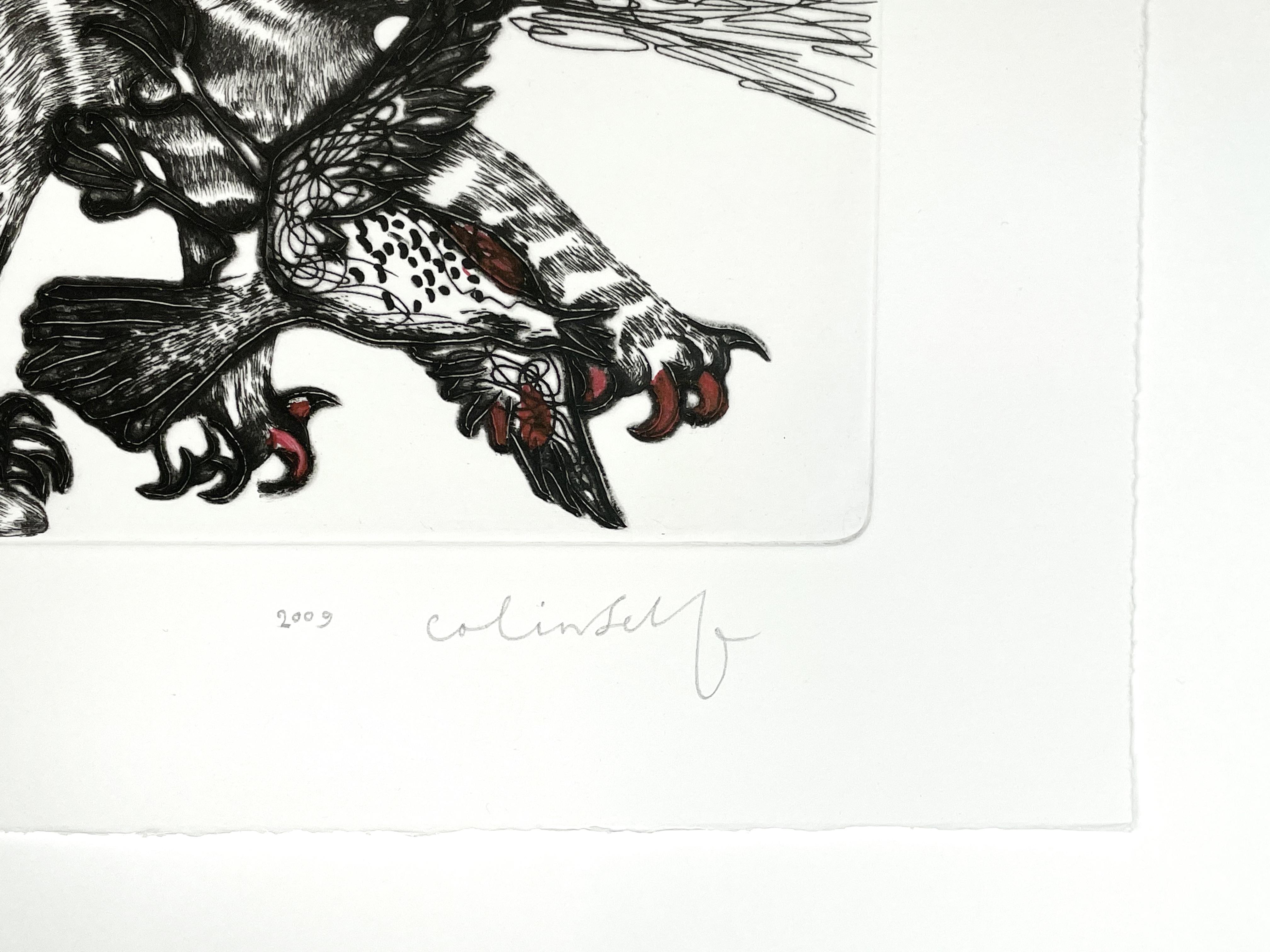 Katze mit roten Krallen und einem Vogel (Grau), Animal Print, von Colin Self