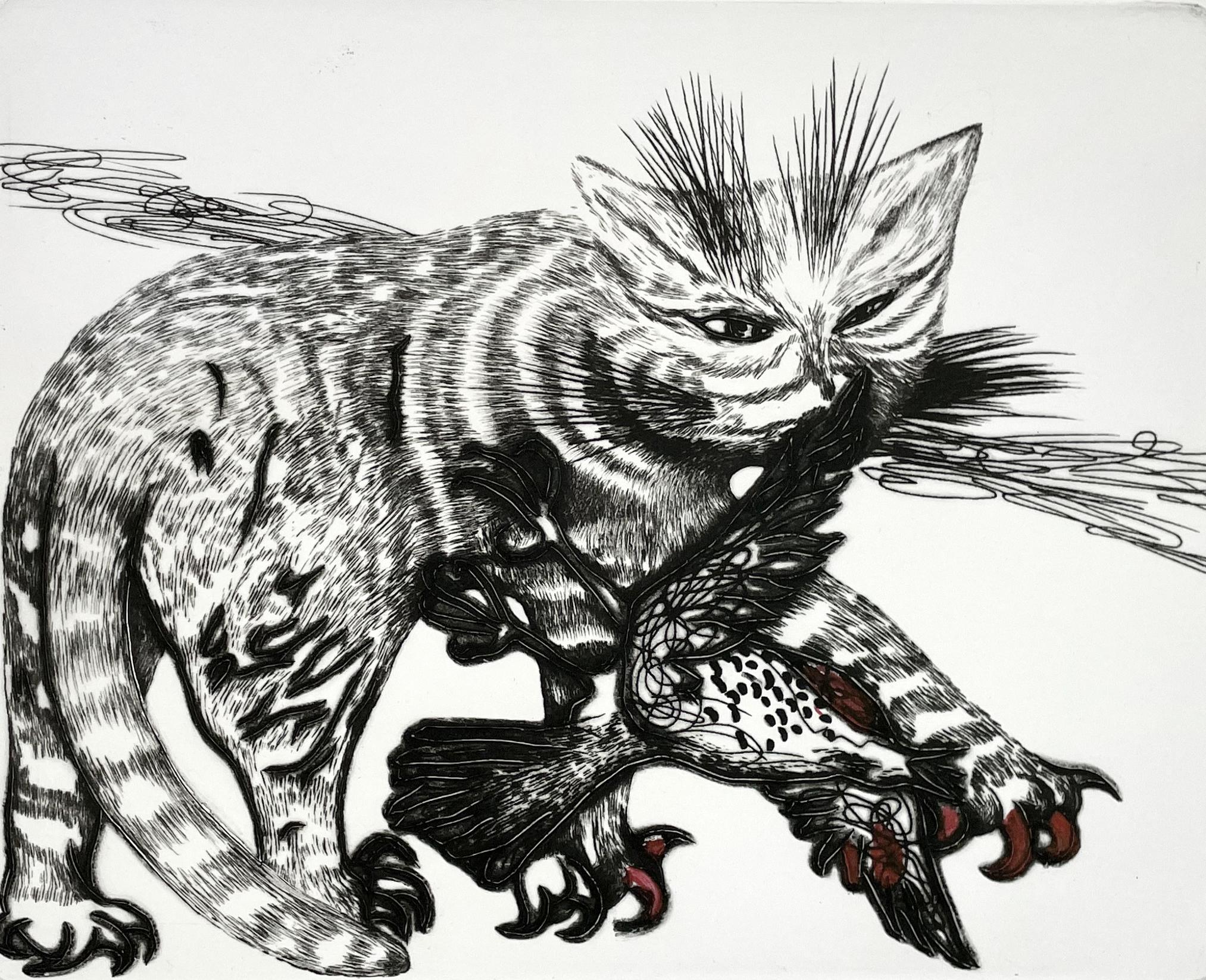 Colin Self Animal Print - Cat with Red Claws and a Bird