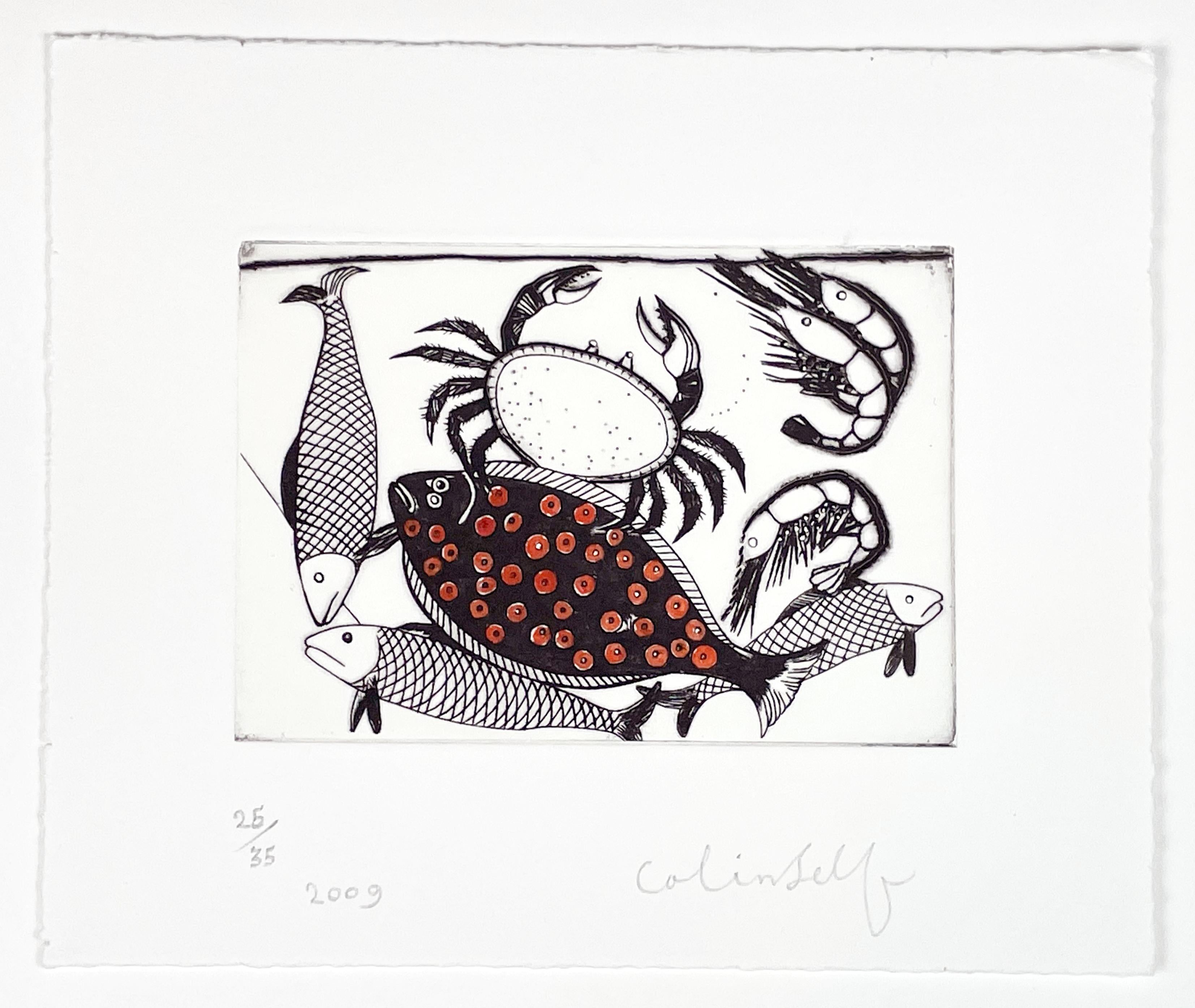 Krabbe, Plakette und Fischgräten – Print von Colin Self