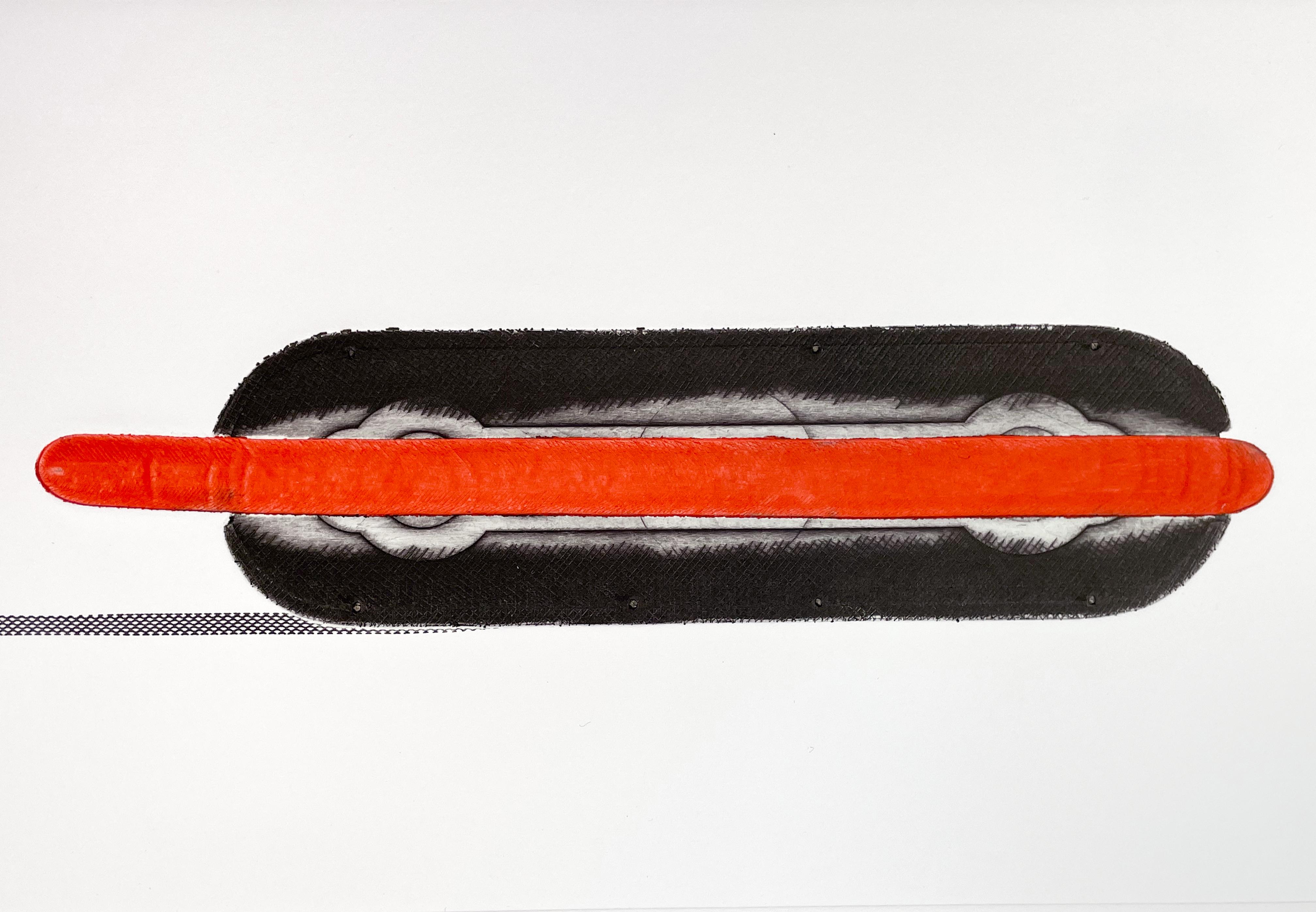 Hot Dog, Colin Self. Gravure pop art britannique de la guerre froide américaine rouge vif et noire, États-Unis