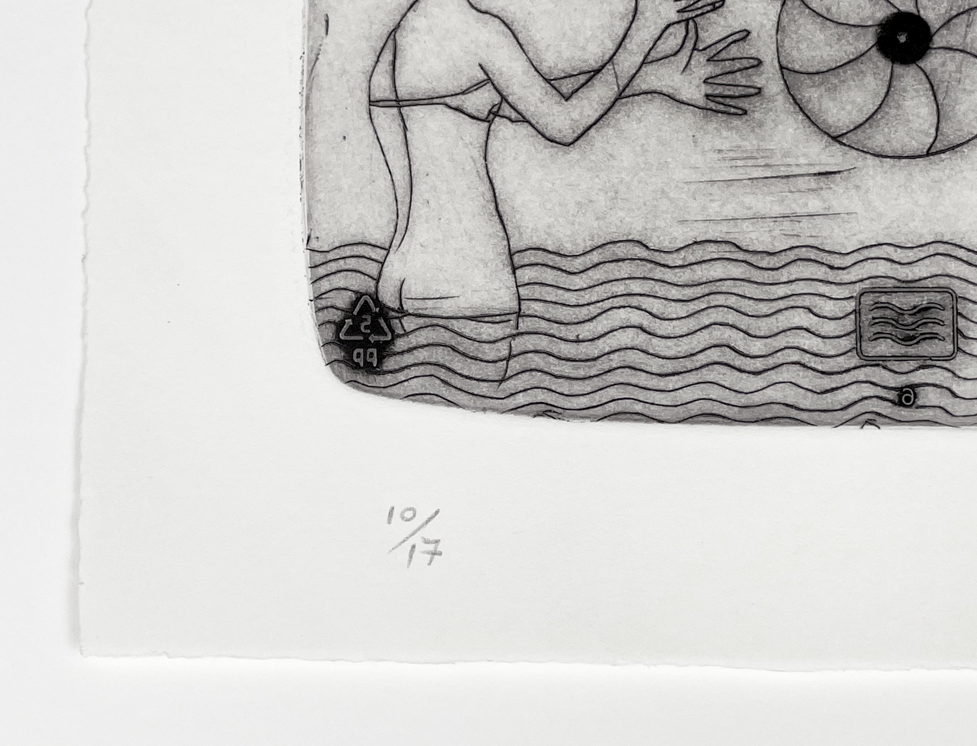Oven au micro-wave (un couple dans la mer) - Gris Landscape Print par Colin Self