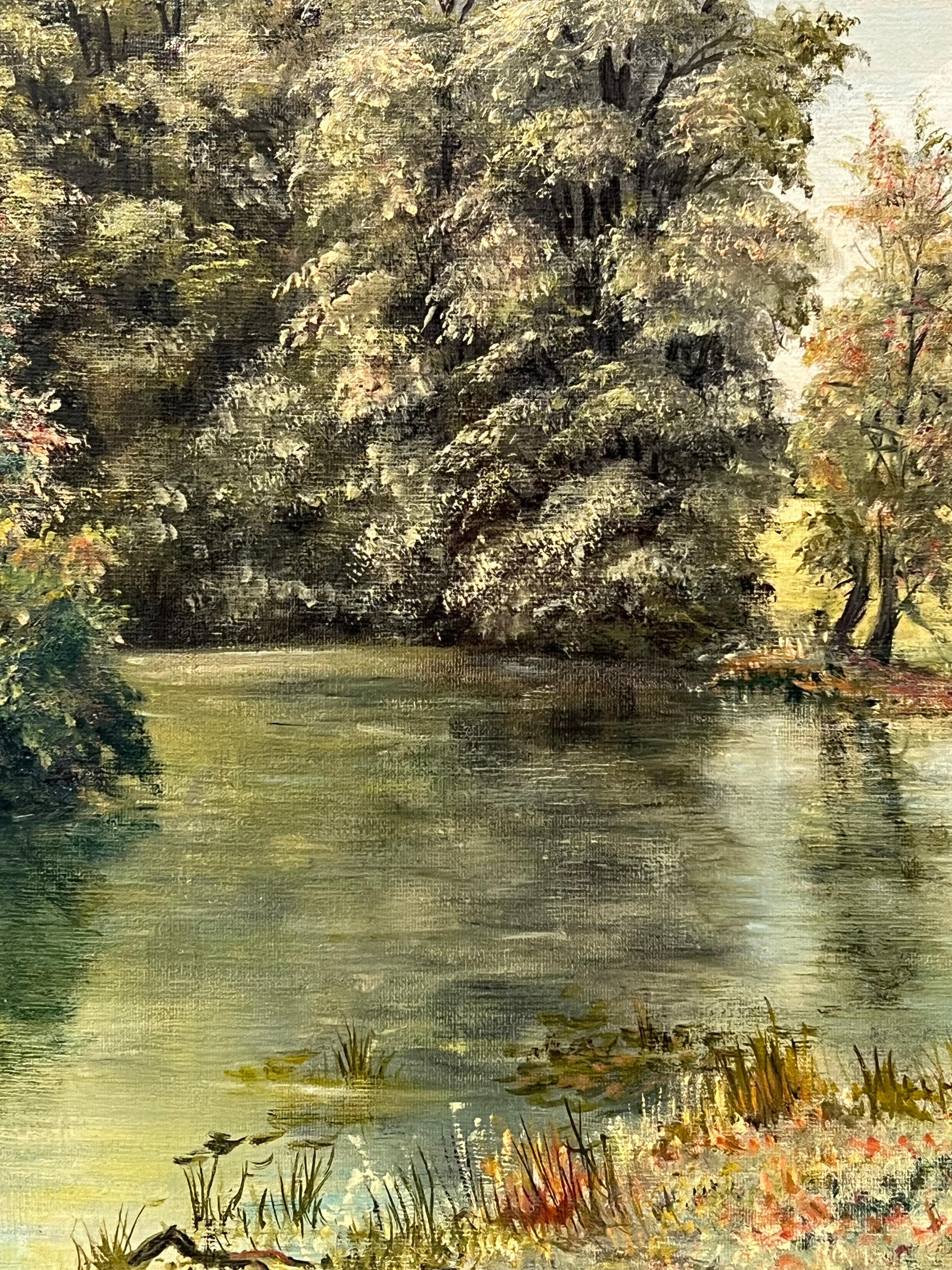 Paesaggio fluviale pastorale firmato Pittura ad olio tradizionale inglese in vendita 6