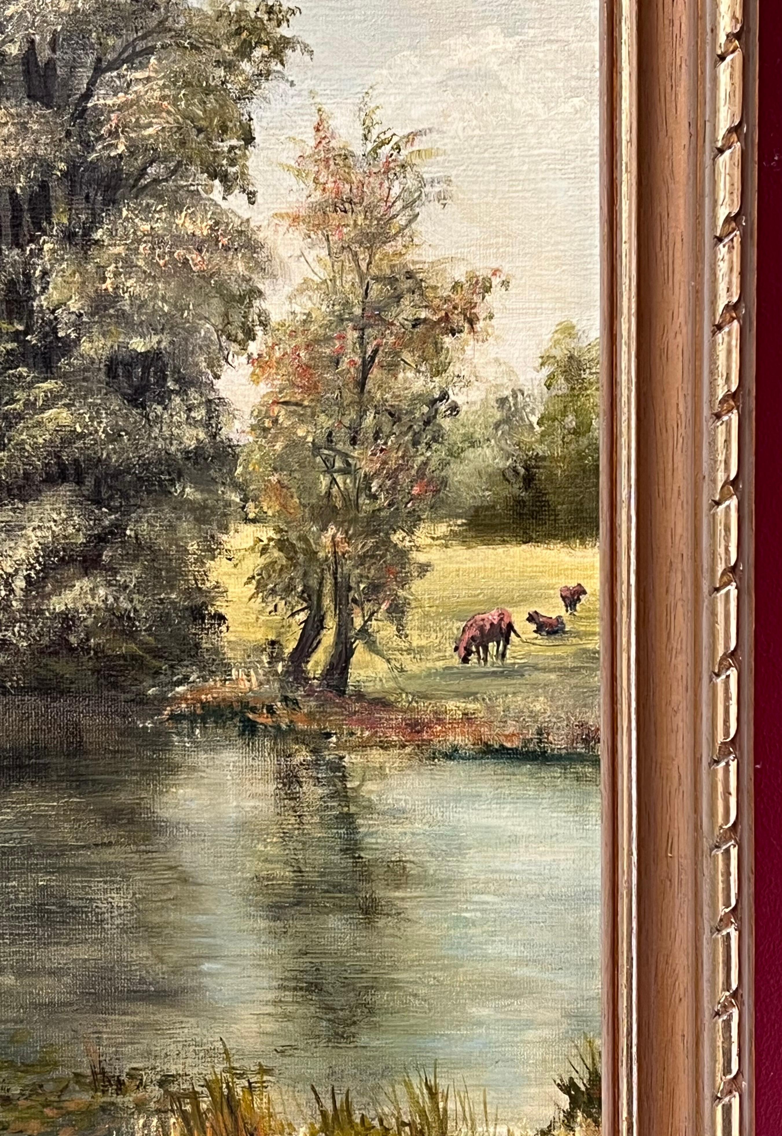 Paesaggio fluviale pastorale firmato Pittura ad olio tradizionale inglese in vendita 7