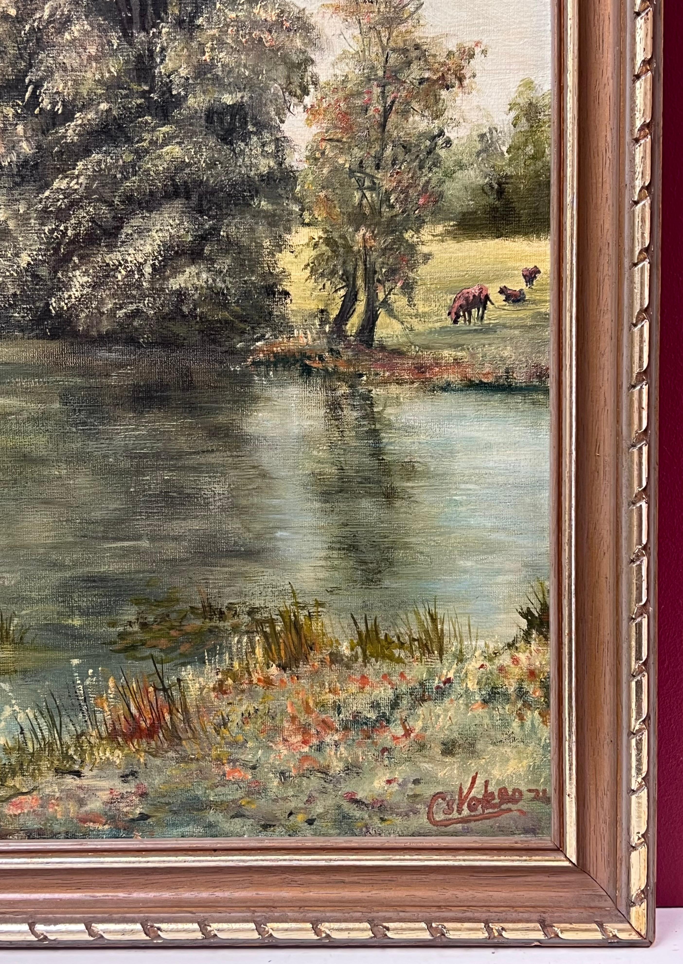 Paesaggio fluviale pastorale firmato Pittura ad olio tradizionale inglese - Painting Impressionismo di Colin Vokes