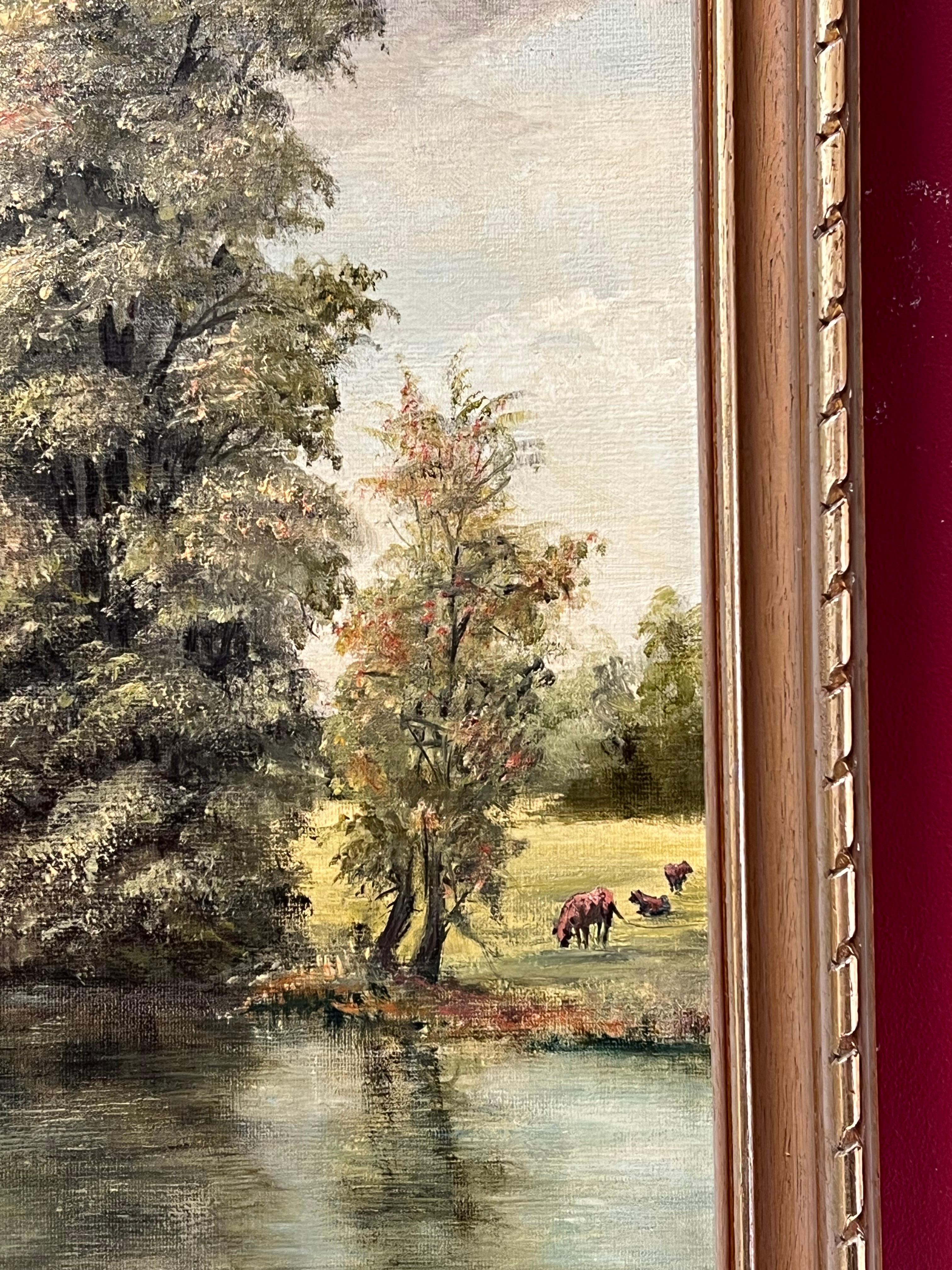 Paesaggio fluviale pastorale firmato Pittura ad olio tradizionale inglese - Landscape Painting Marrone di Colin Vokes