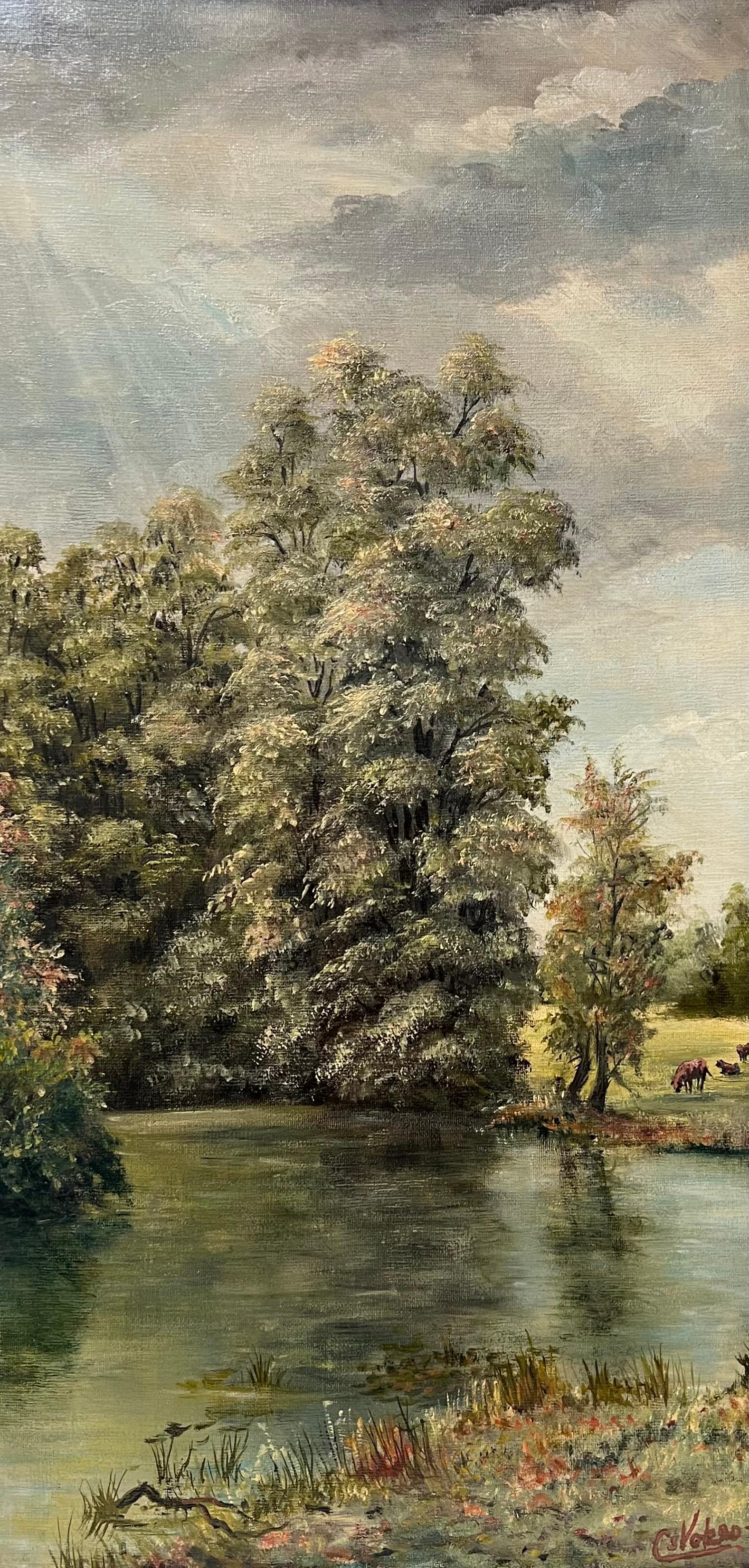 Paesaggio fluviale pastorale firmato Pittura ad olio tradizionale inglese in vendita 3