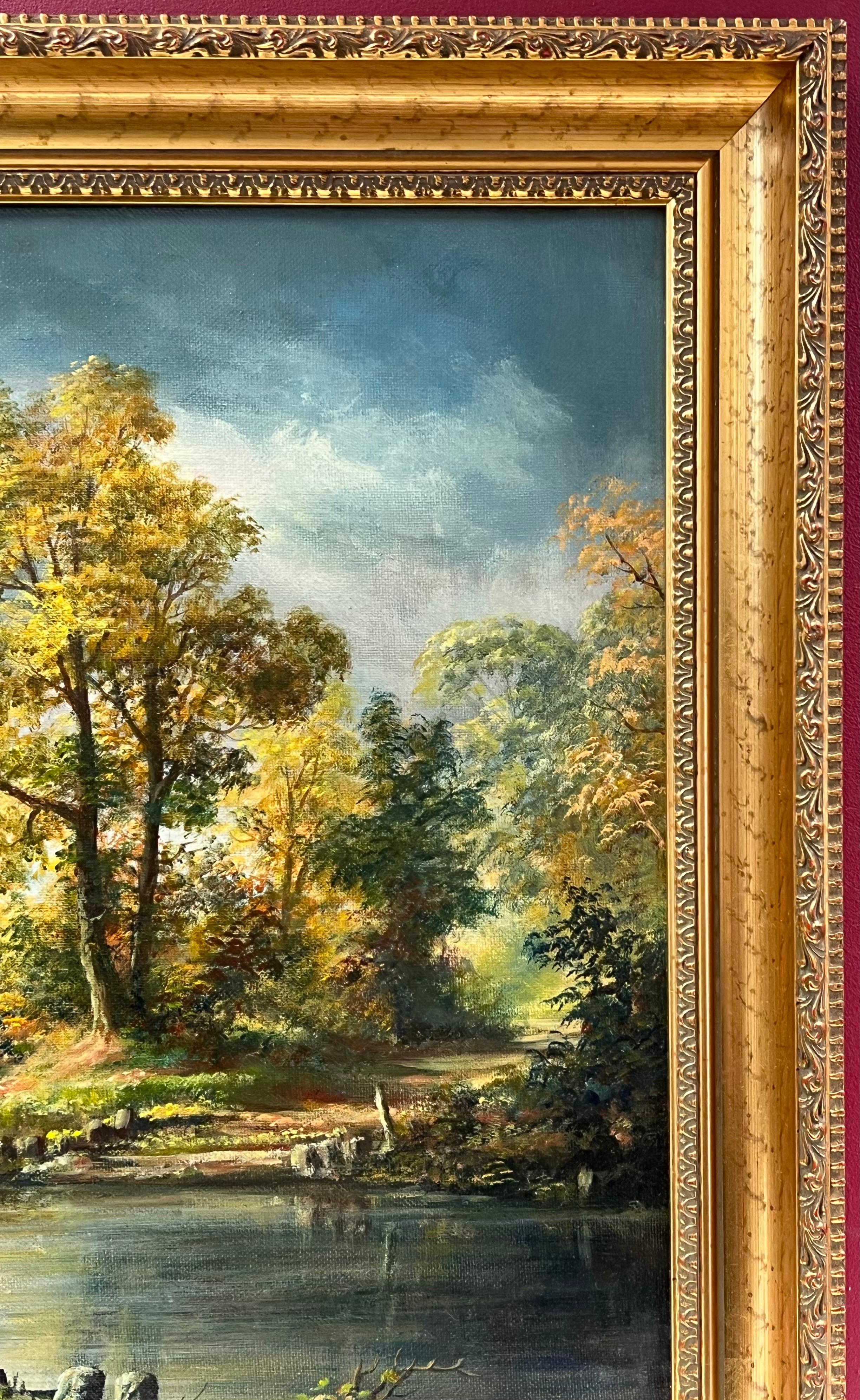 Signiertes britisches traditionelles Ölgemälde einer ländlichen Flusslandschaft unter wolkenblauem Himmel 5