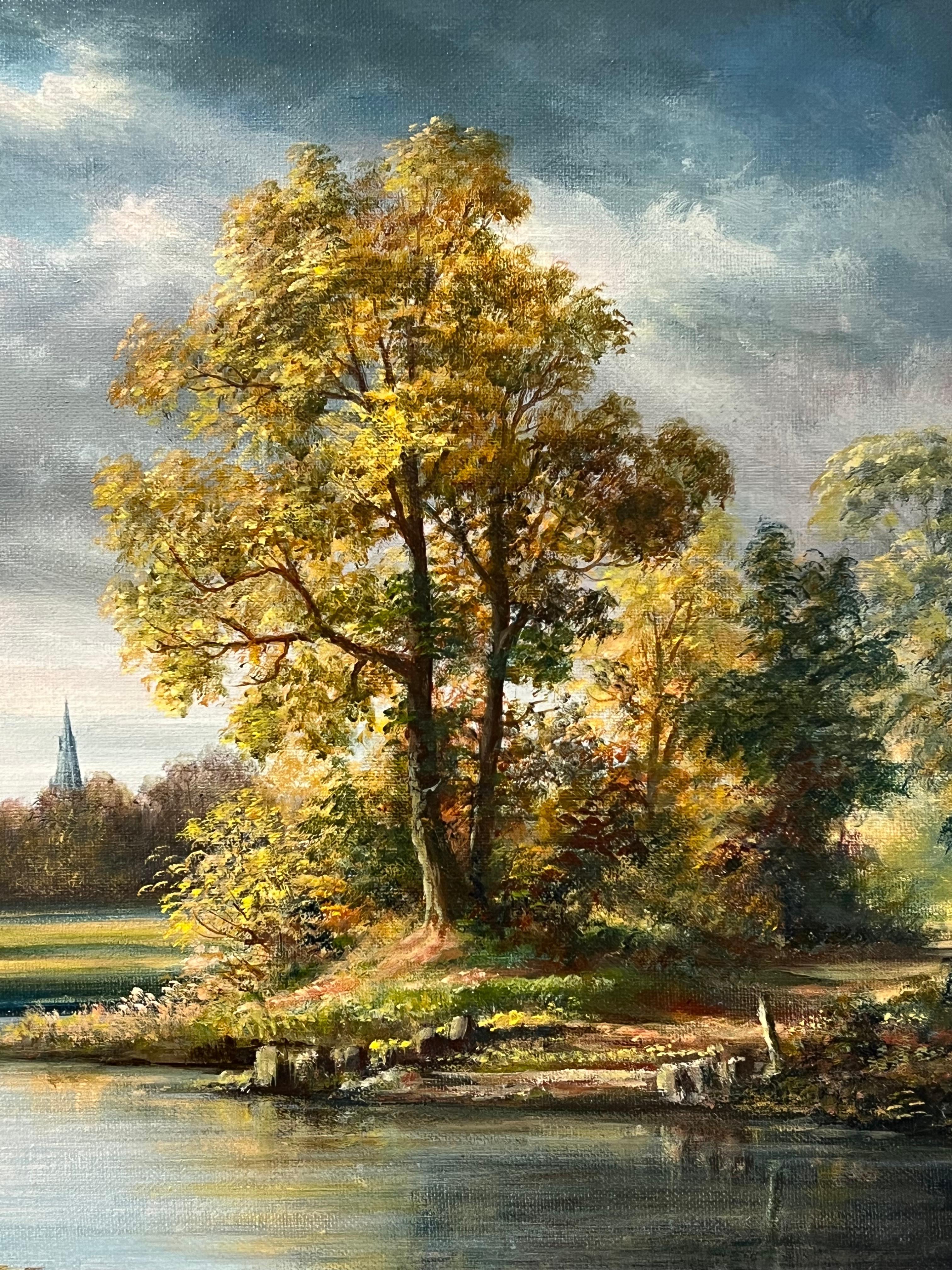 Signiertes britisches traditionelles Ölgemälde einer ländlichen Flusslandschaft unter wolkenblauem Himmel 7