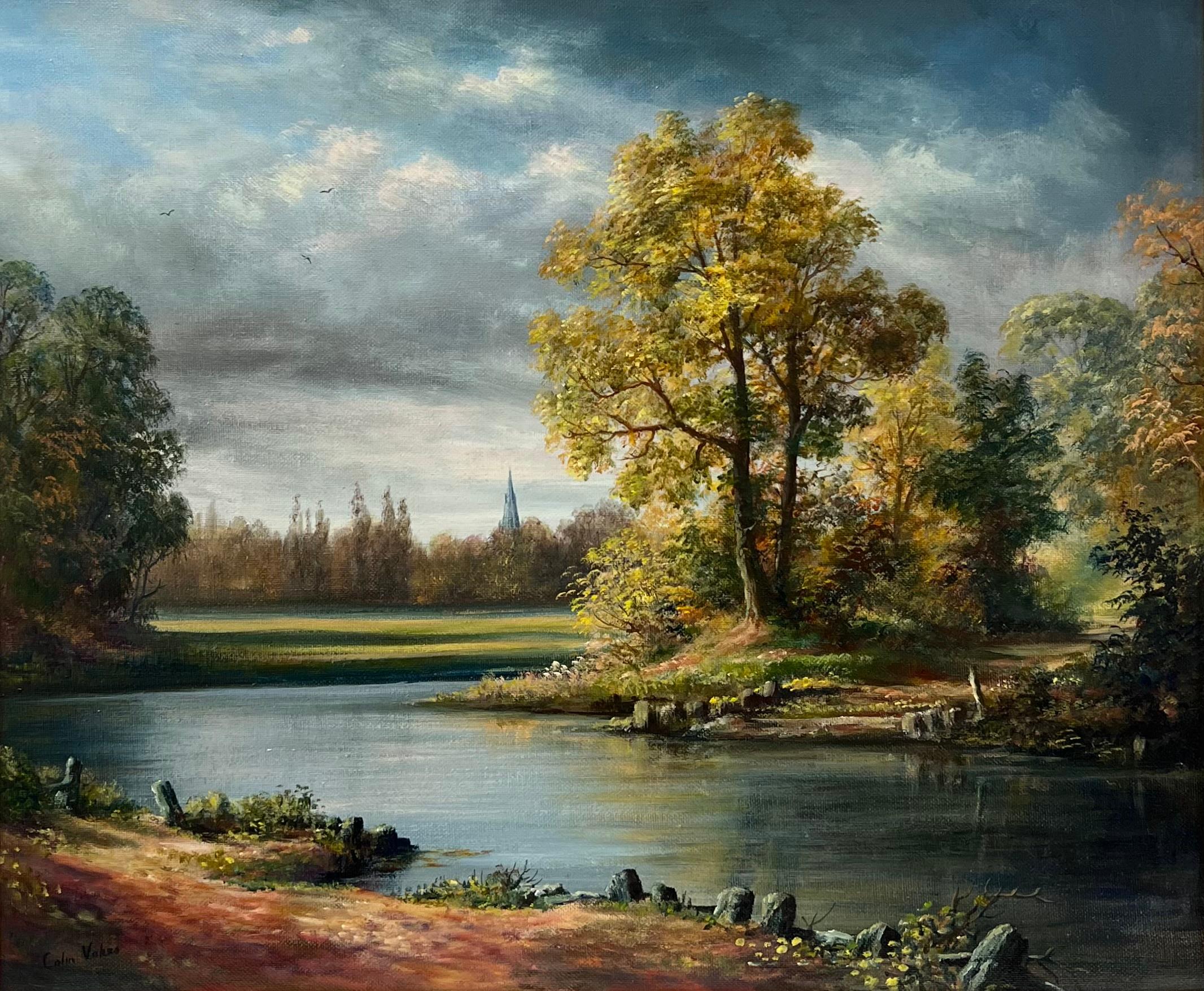 Signiertes britisches traditionelles Ölgemälde einer ländlichen Flusslandschaft unter wolkenblauem Himmel – Painting von Colin Vokes