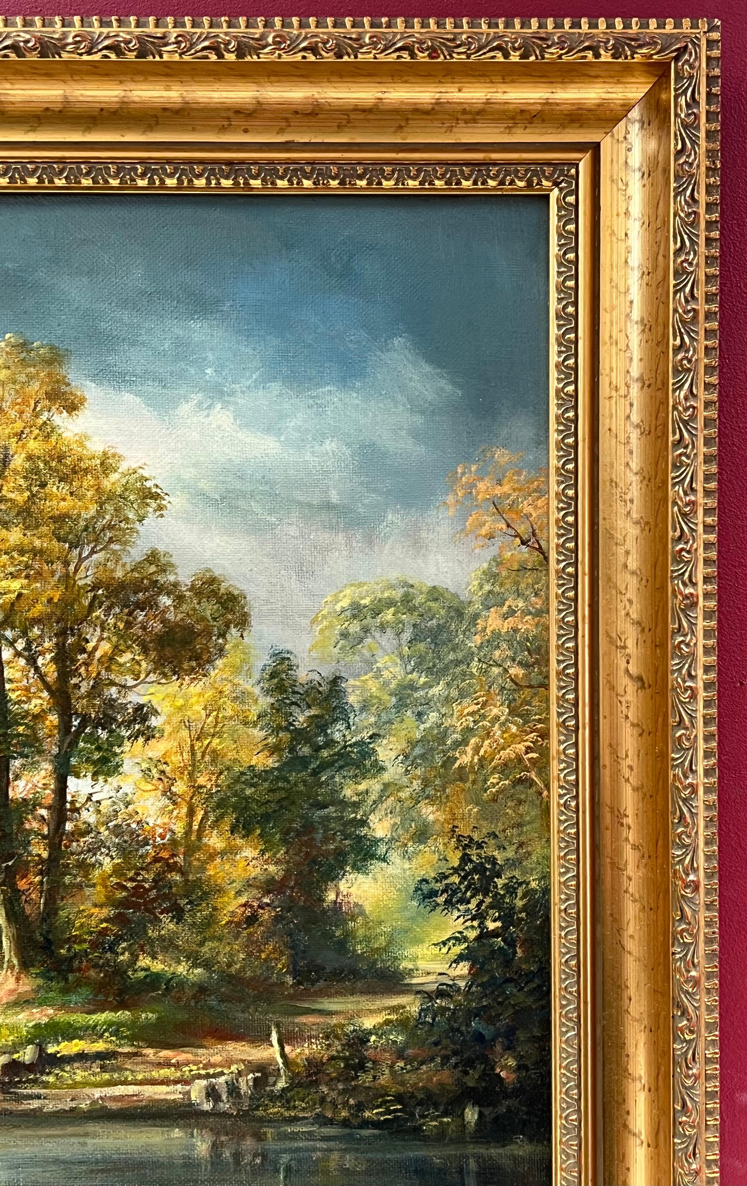 Signiertes britisches traditionelles Ölgemälde einer ländlichen Flusslandschaft unter wolkenblauem Himmel (Impressionismus), Painting, von Colin Vokes
