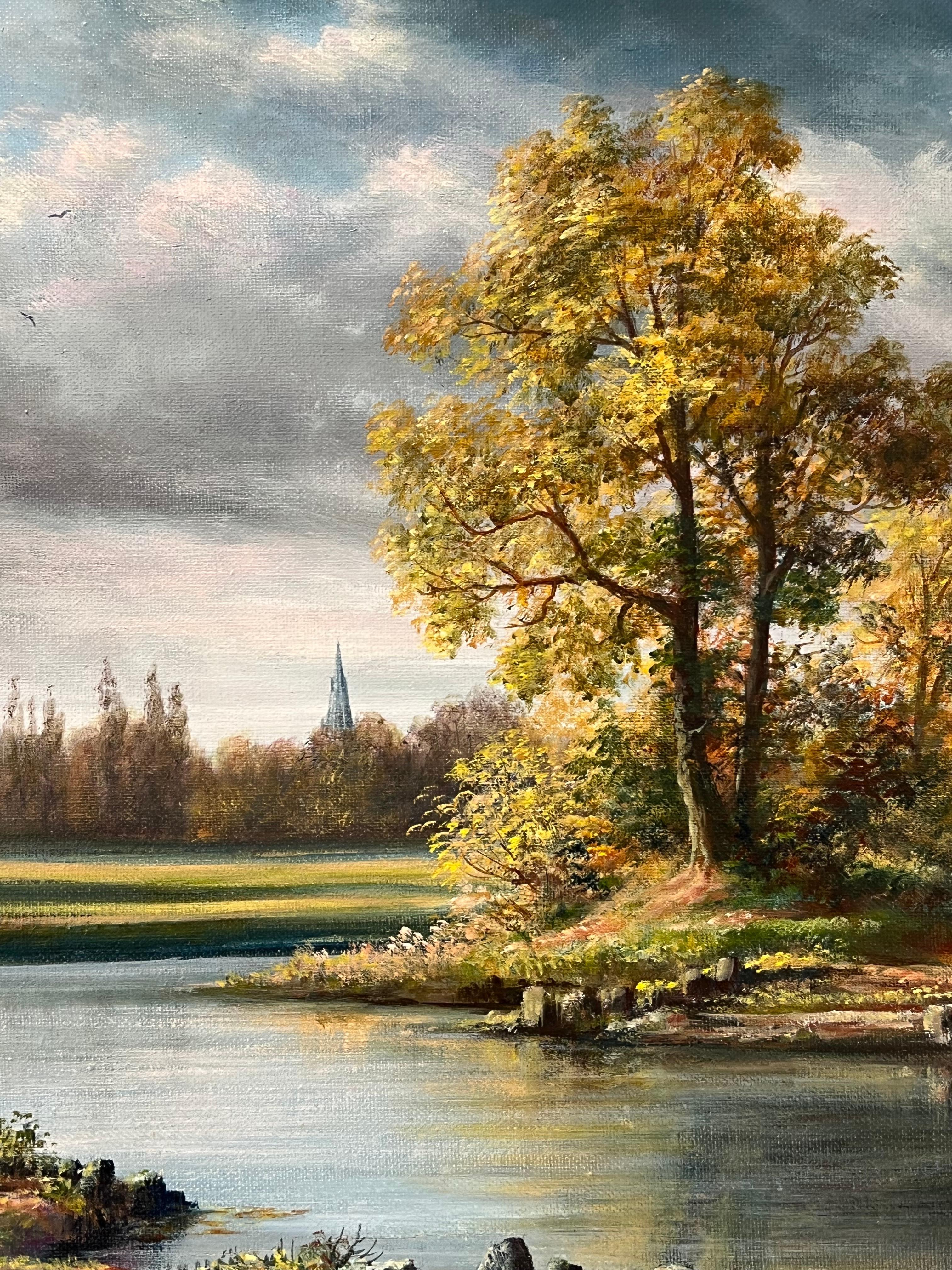 Signiertes britisches traditionelles Ölgemälde einer ländlichen Flusslandschaft unter wolkenblauem Himmel (Braun), Landscape Painting, von Colin Vokes