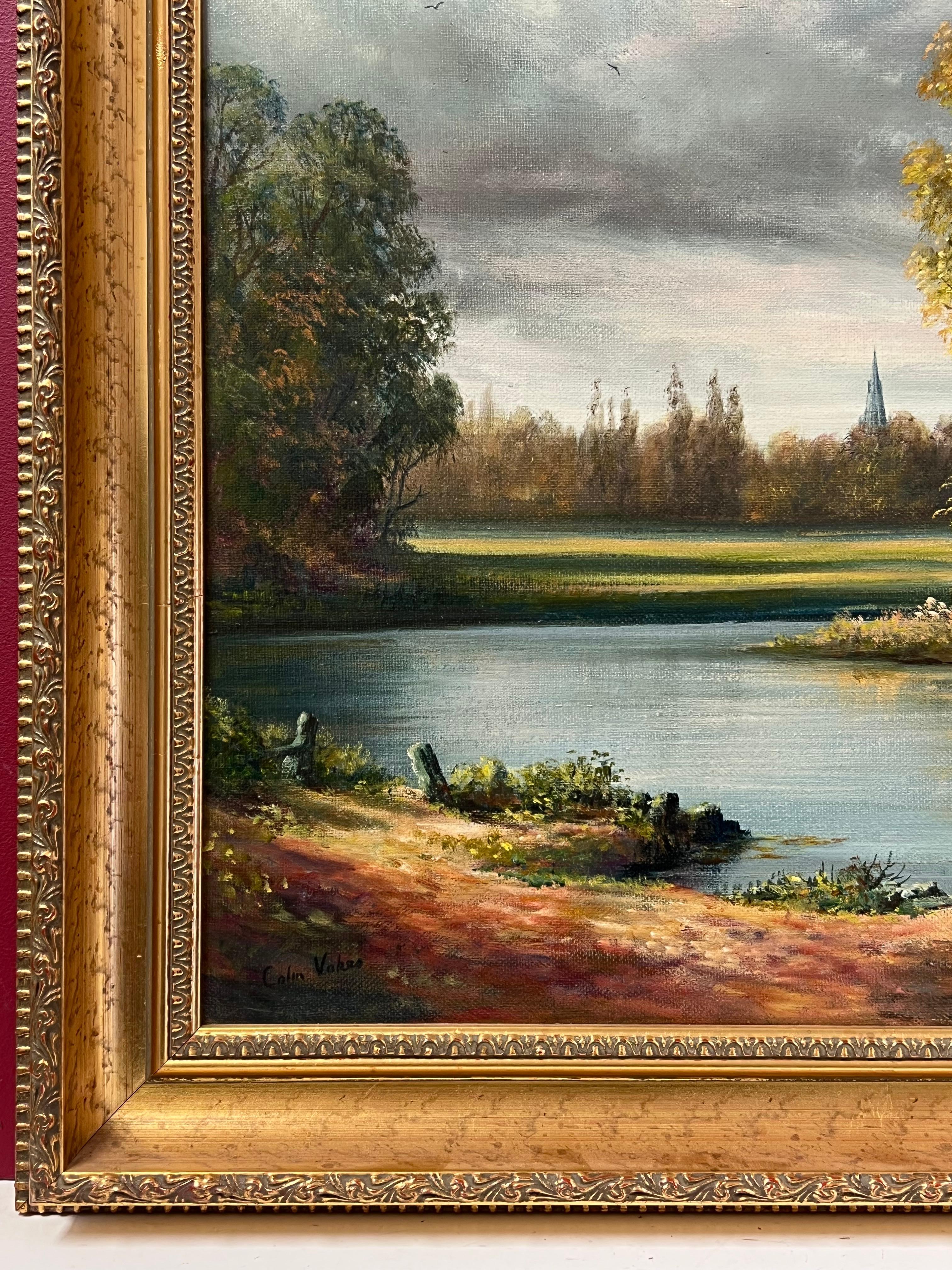 Signiertes britisches traditionelles Ölgemälde einer ländlichen Flusslandschaft unter wolkenblauem Himmel 2