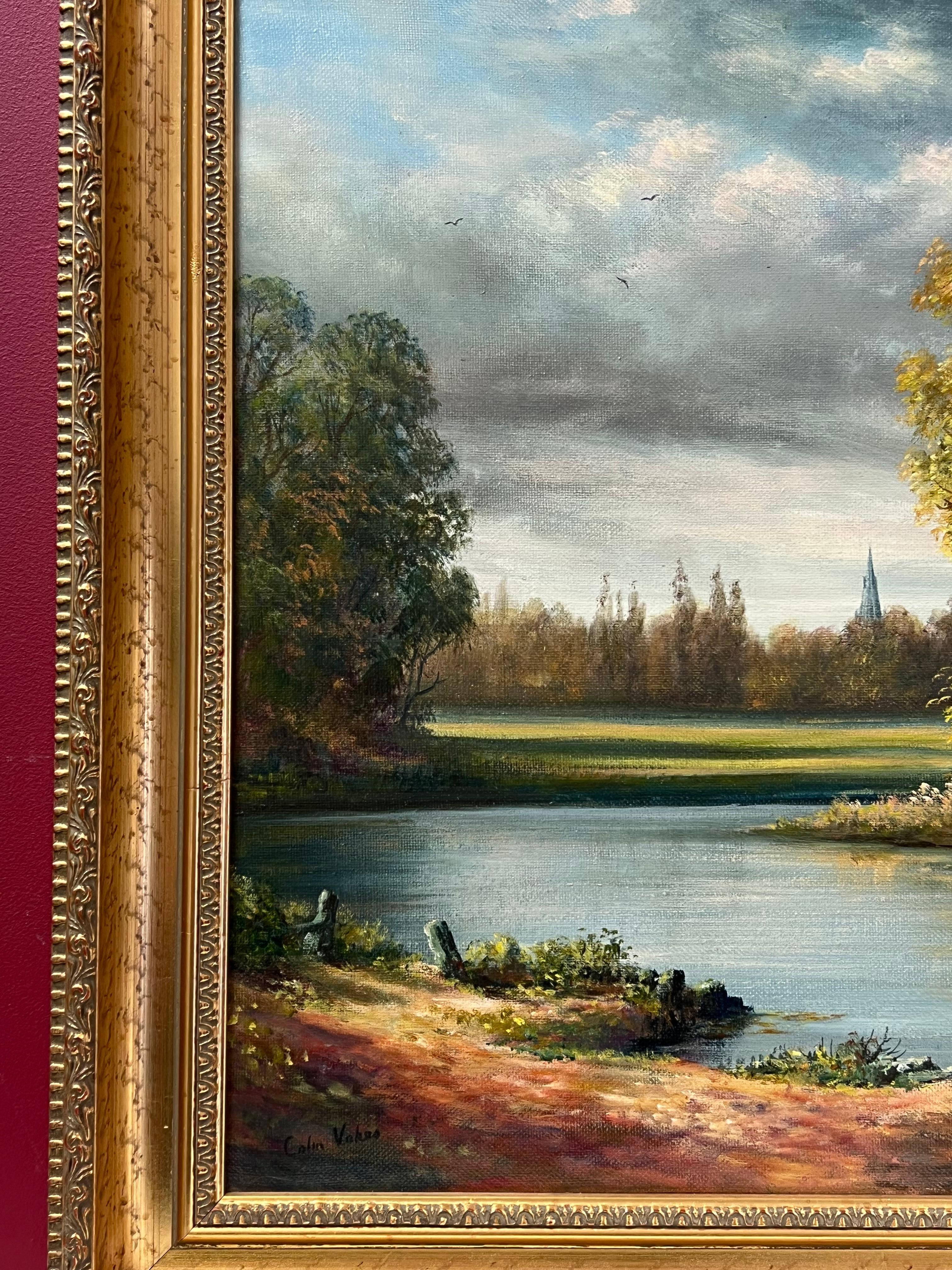 Signiertes britisches traditionelles Ölgemälde einer ländlichen Flusslandschaft unter wolkenblauem Himmel 3