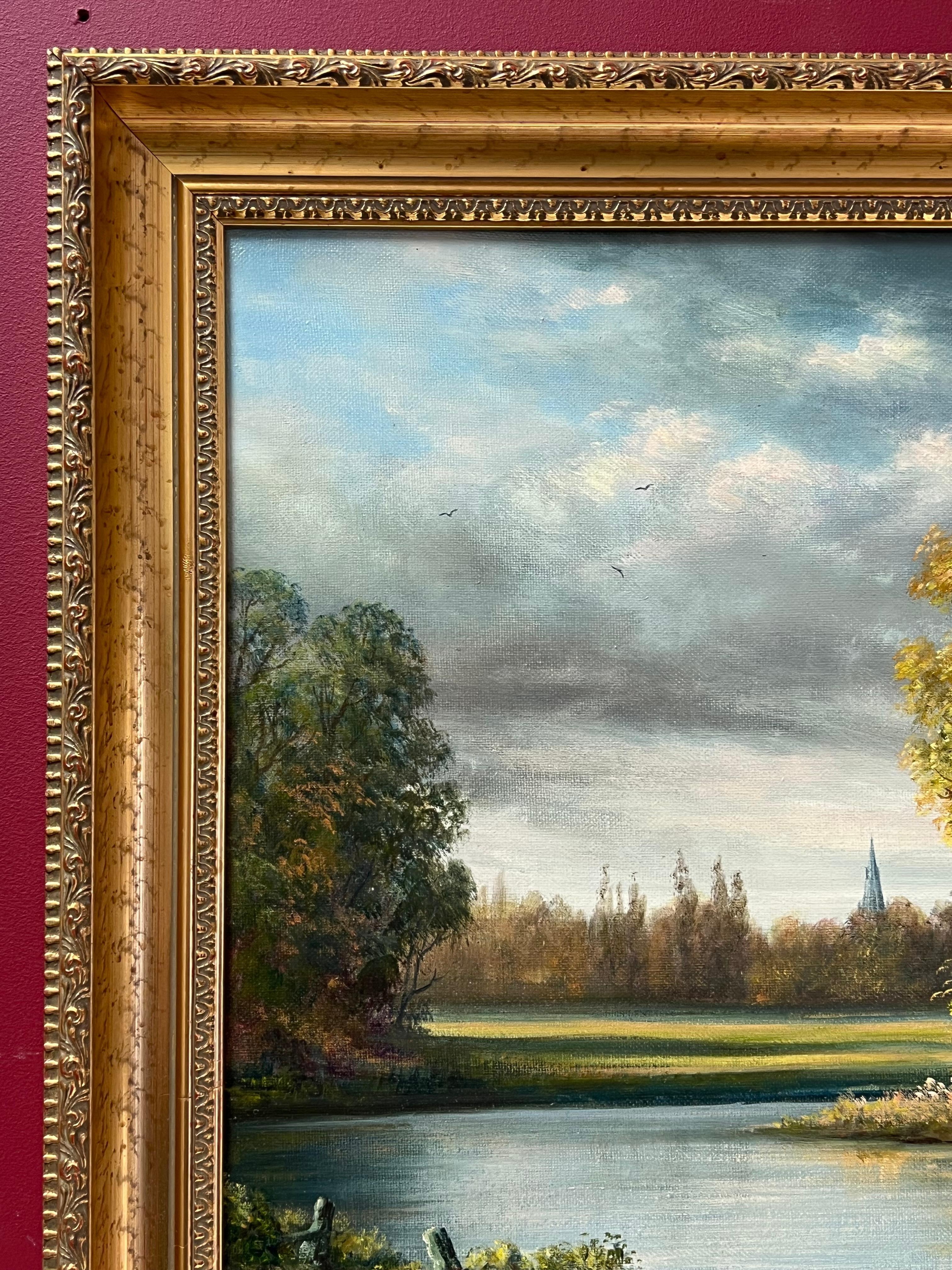Signiertes britisches traditionelles Ölgemälde einer ländlichen Flusslandschaft unter wolkenblauem Himmel 4