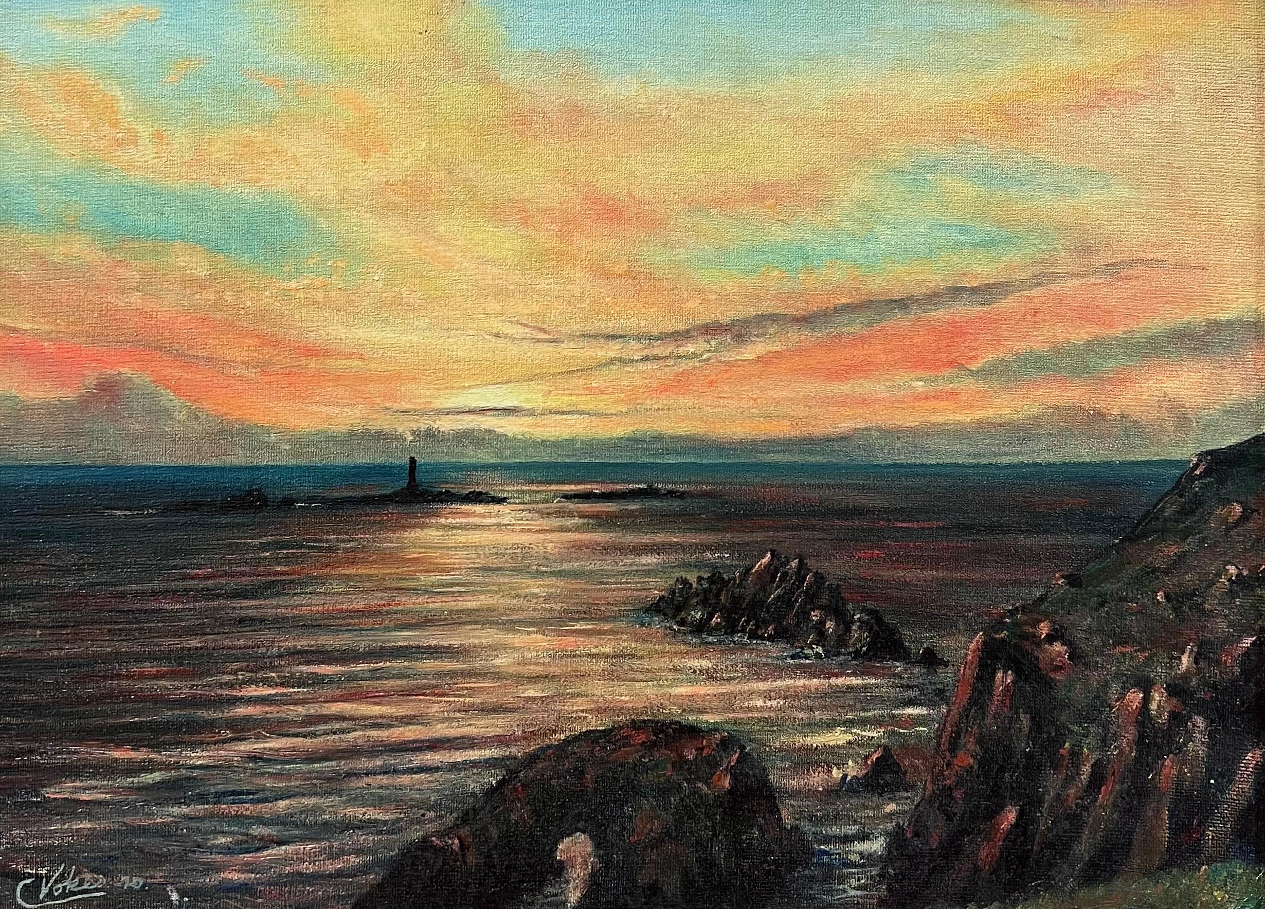Sunrise over Lands End Cornwall, signiertes britisches impressionistisches Ölgemälde (Impressionismus), Painting, von Colin Vokes