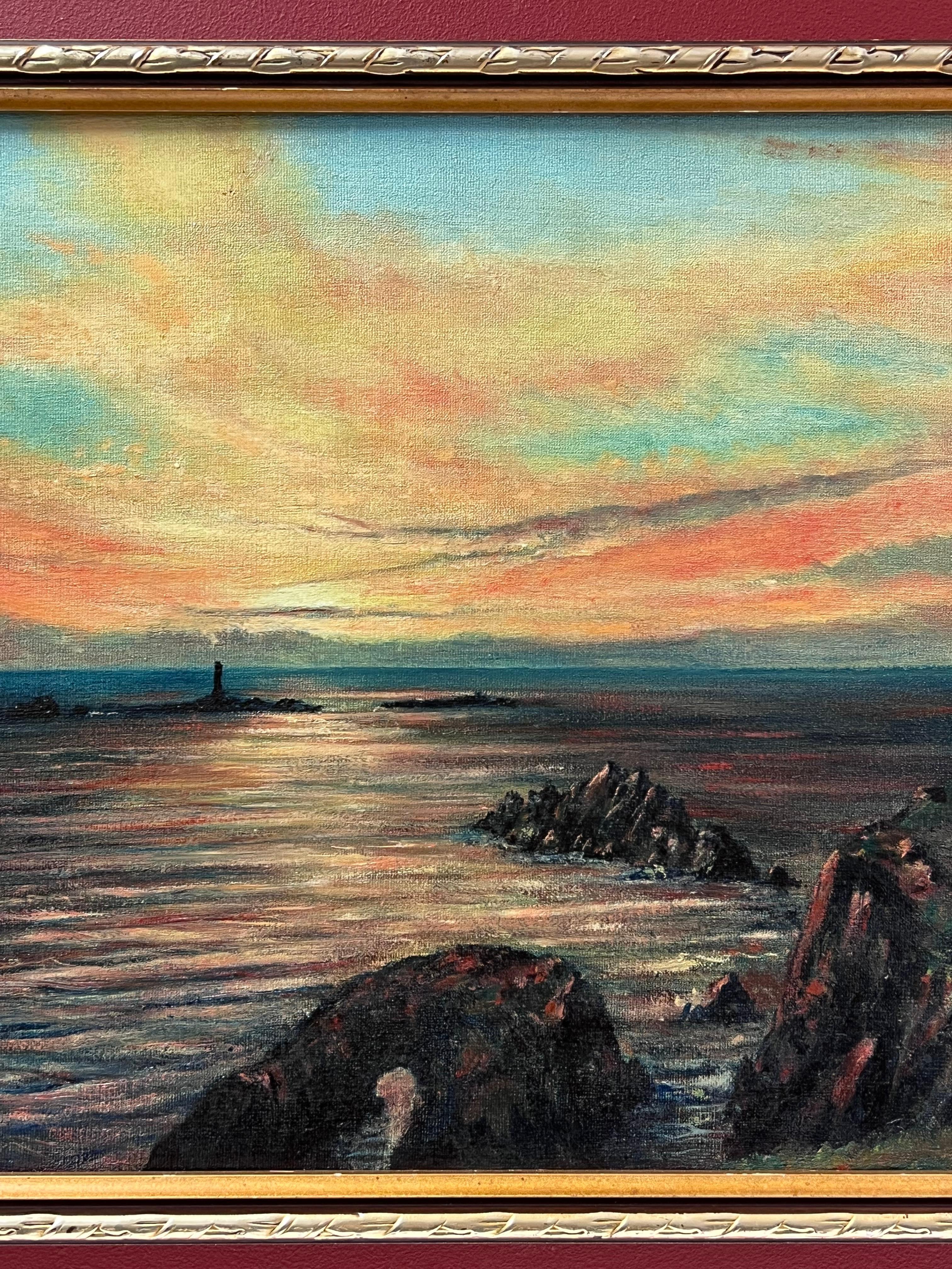 Sunrise over Lands End Cornwall, signiertes britisches impressionistisches Ölgemälde (Braun), Landscape Painting, von Colin Vokes