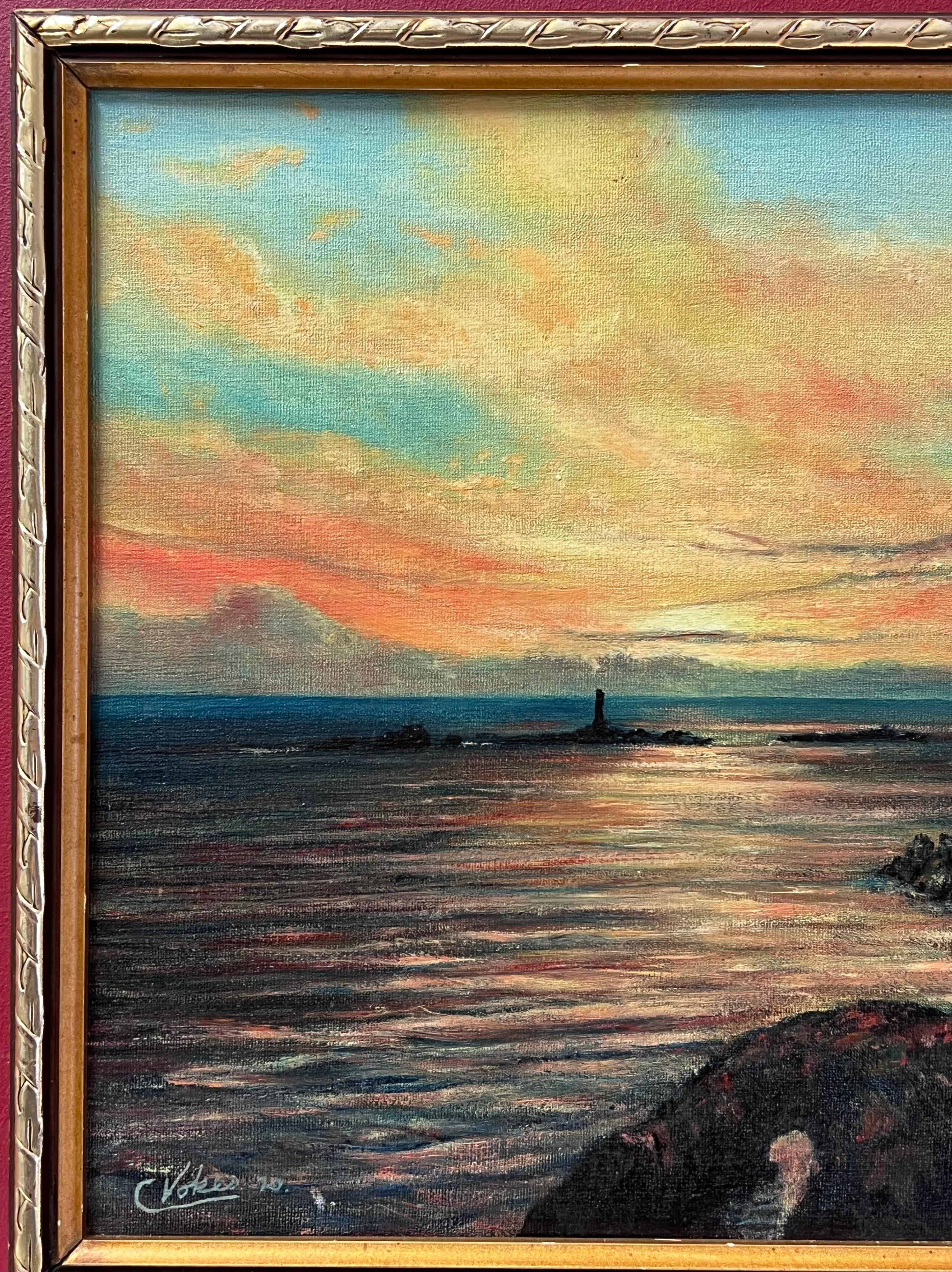 Sonnenaufgang über Lands End (Cornwall)
Gezeichnet C.S.Vokes
1970
signiertes Ölgemälde auf Karton, gerahmt
Gerahmt: 13,5 x 17,5 Zoll
Brett: 12 x 16 Zoll
Zustand: sehr gut
Provenienz: Privatsammlung, Großbritannien

