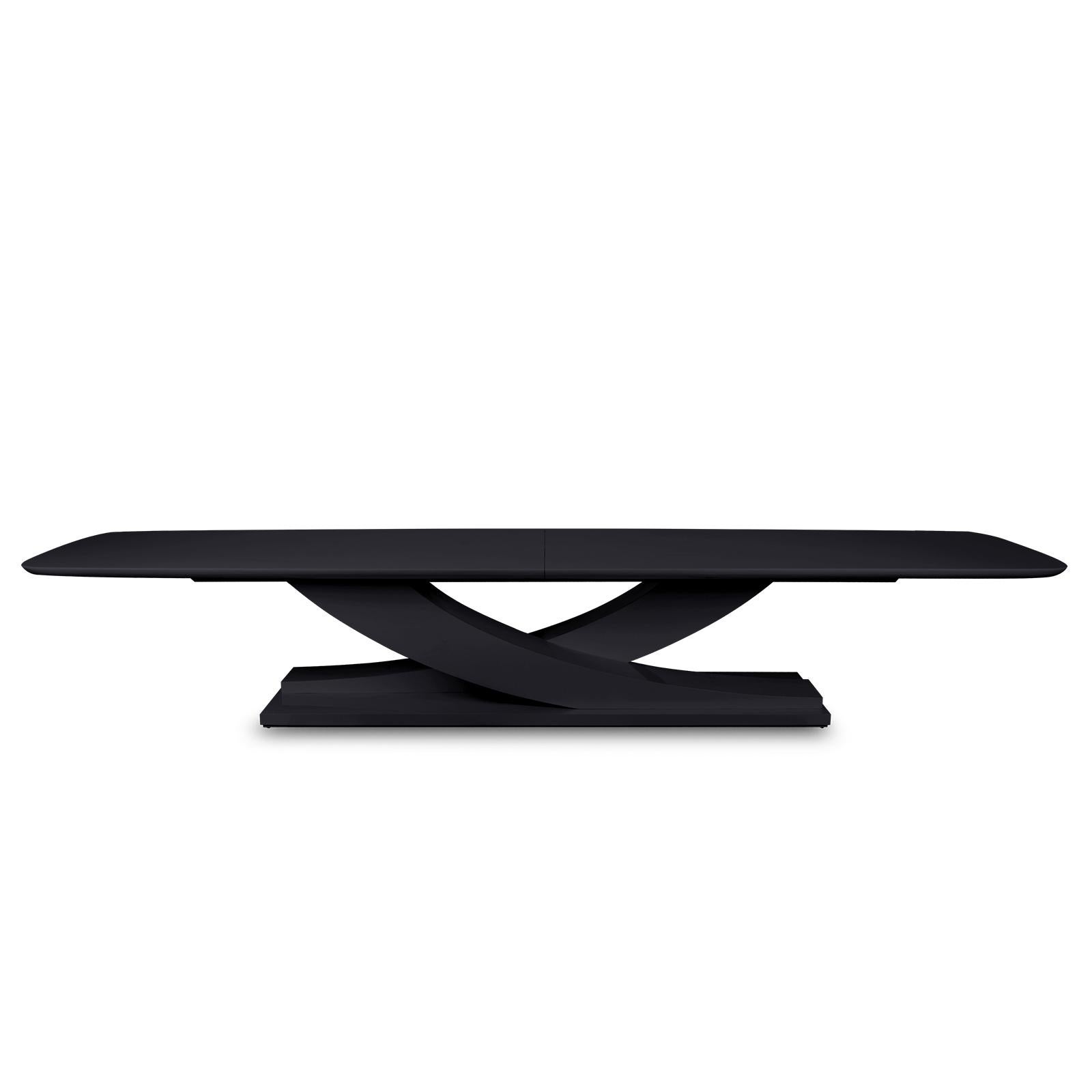 Esstisch Colisa mit Struktur aus massivem Mahagoni 
Holz, schwarz lackiert. Mit 2-teiliger Tischplatte.
Auch mit Mahagoniholz in tabakfarbener und schwarzer matter Ausführung erhältlich.
Erhältlich in:
L305xT110xH75cm, Preis: