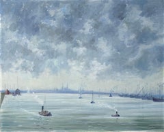 Palma de Mallorca from the Sea mediterranean art oil on canvas painting Spain