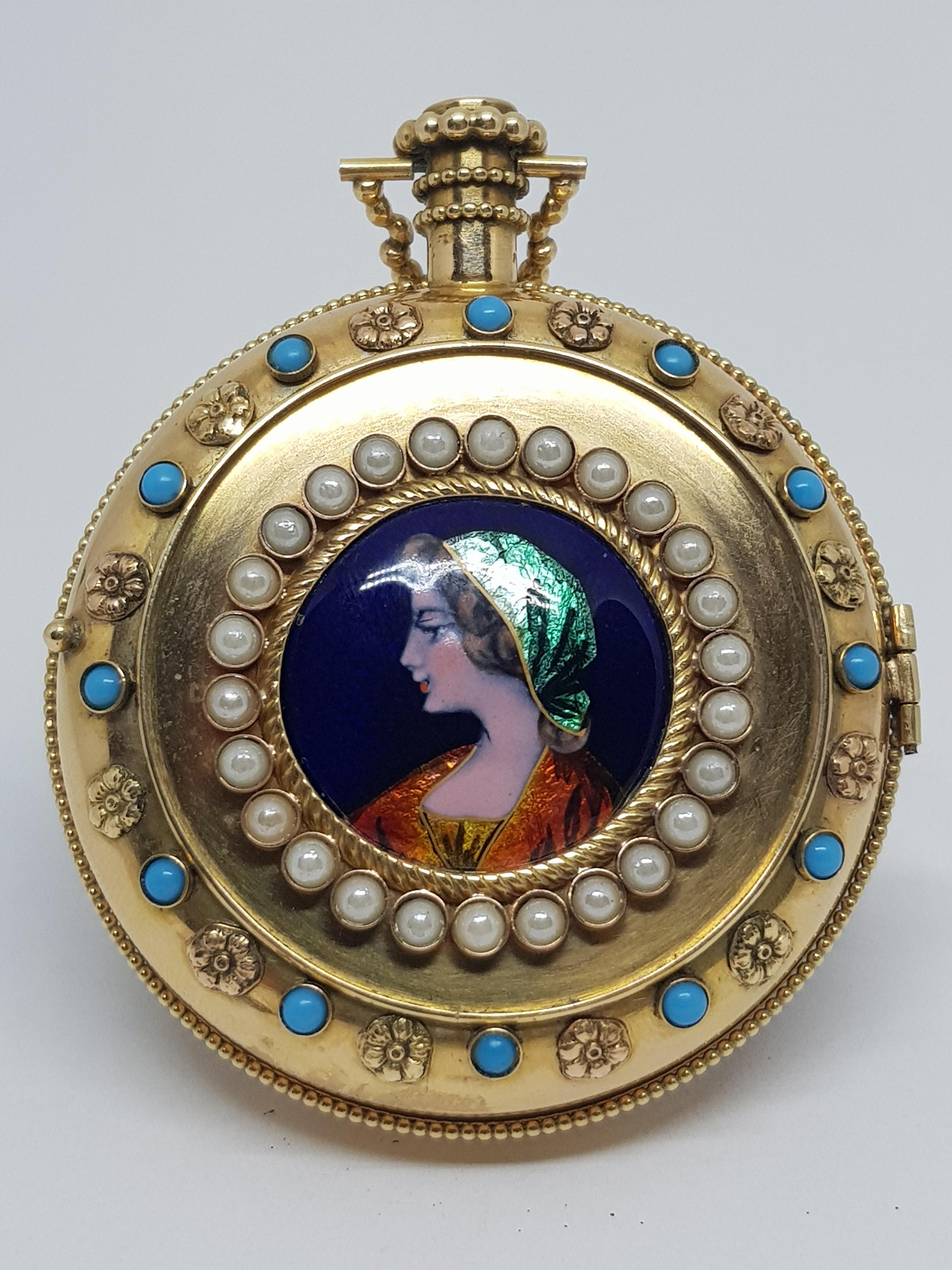 Colladon A. Geneve Antique Turquoise Baby Pearls Enamel Gold Pocket Watch For Sale 2