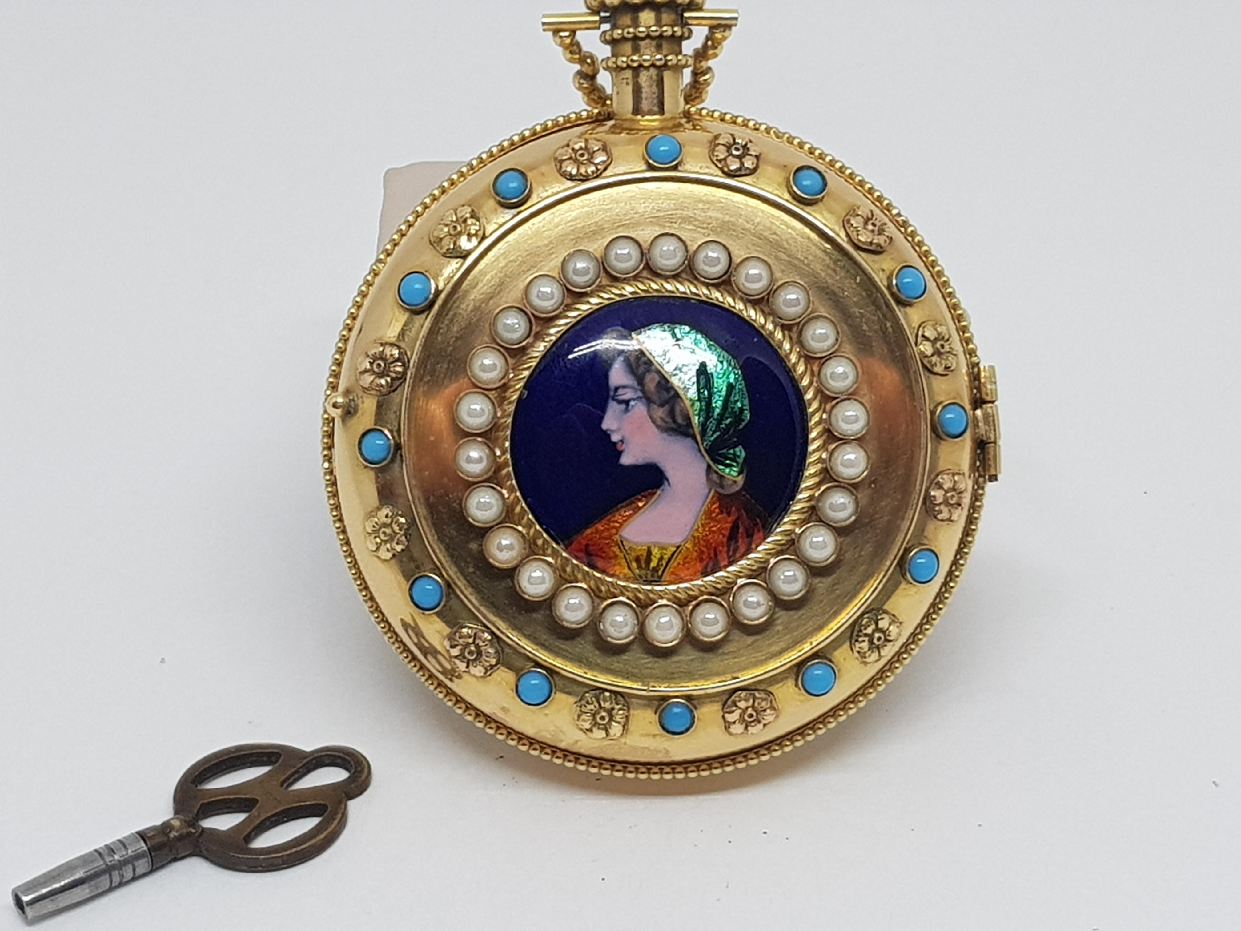 Colladon A. Geneve Antique Turquoise Baby Pearls Enamel Gold Pocket Watch For Sale 4