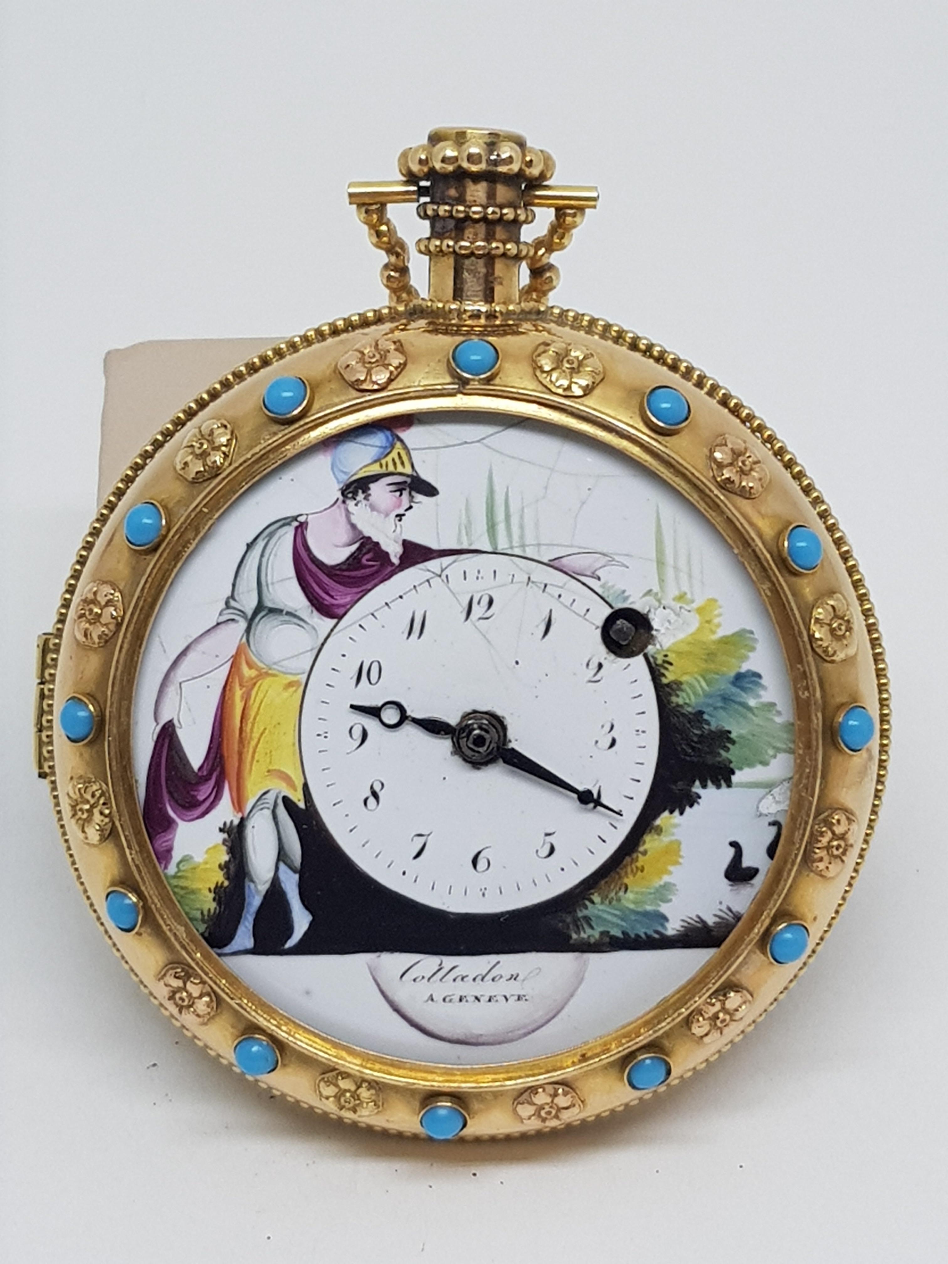 Colladon A. Geneve Antique Turquoise Baby Pearls Enamel Gold Pocket Watch For Sale 5