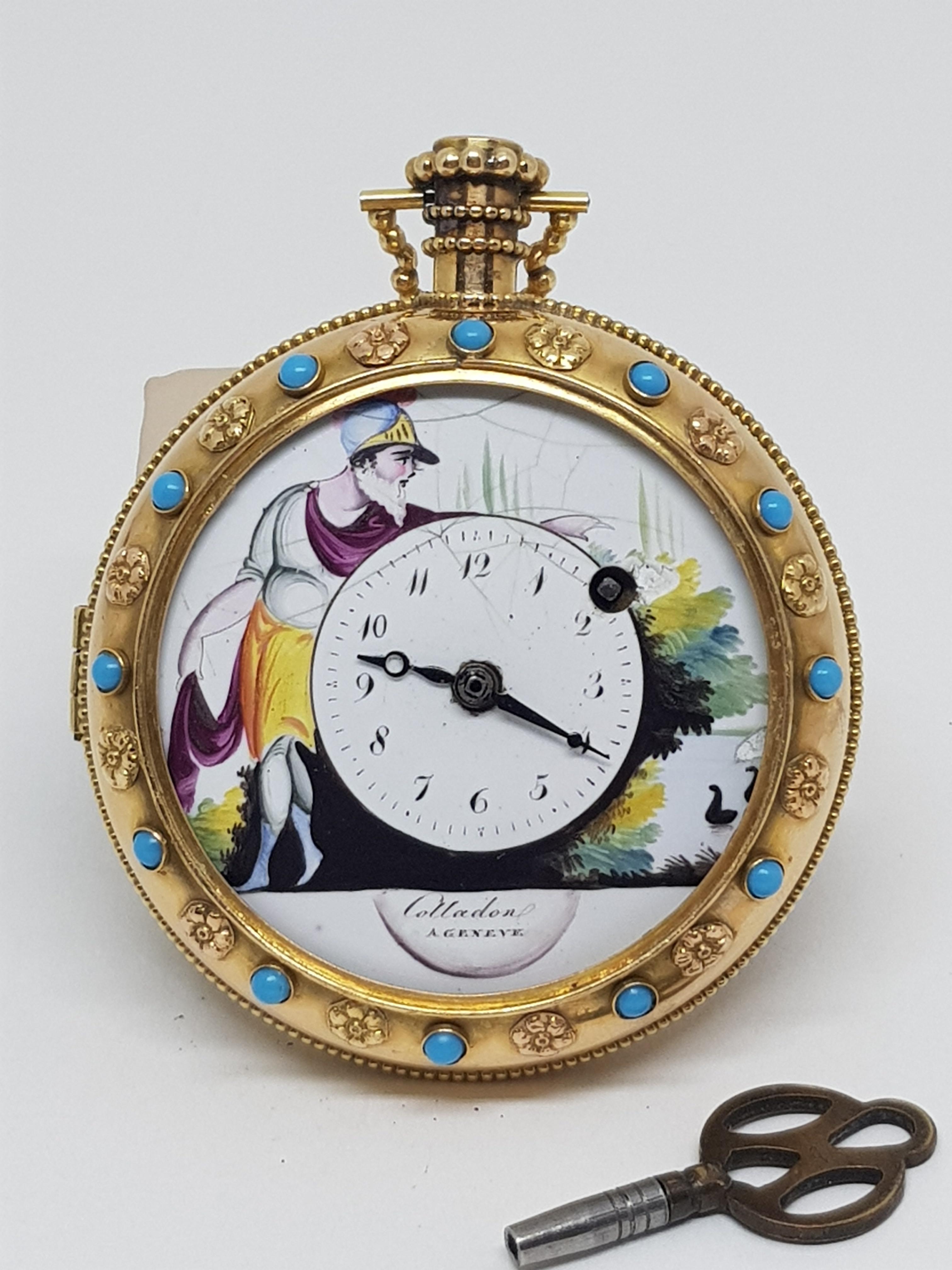 Colladon A. Geneve Antique Turquoise Baby Pearls Enamel Gold Pocket Watch For Sale 6