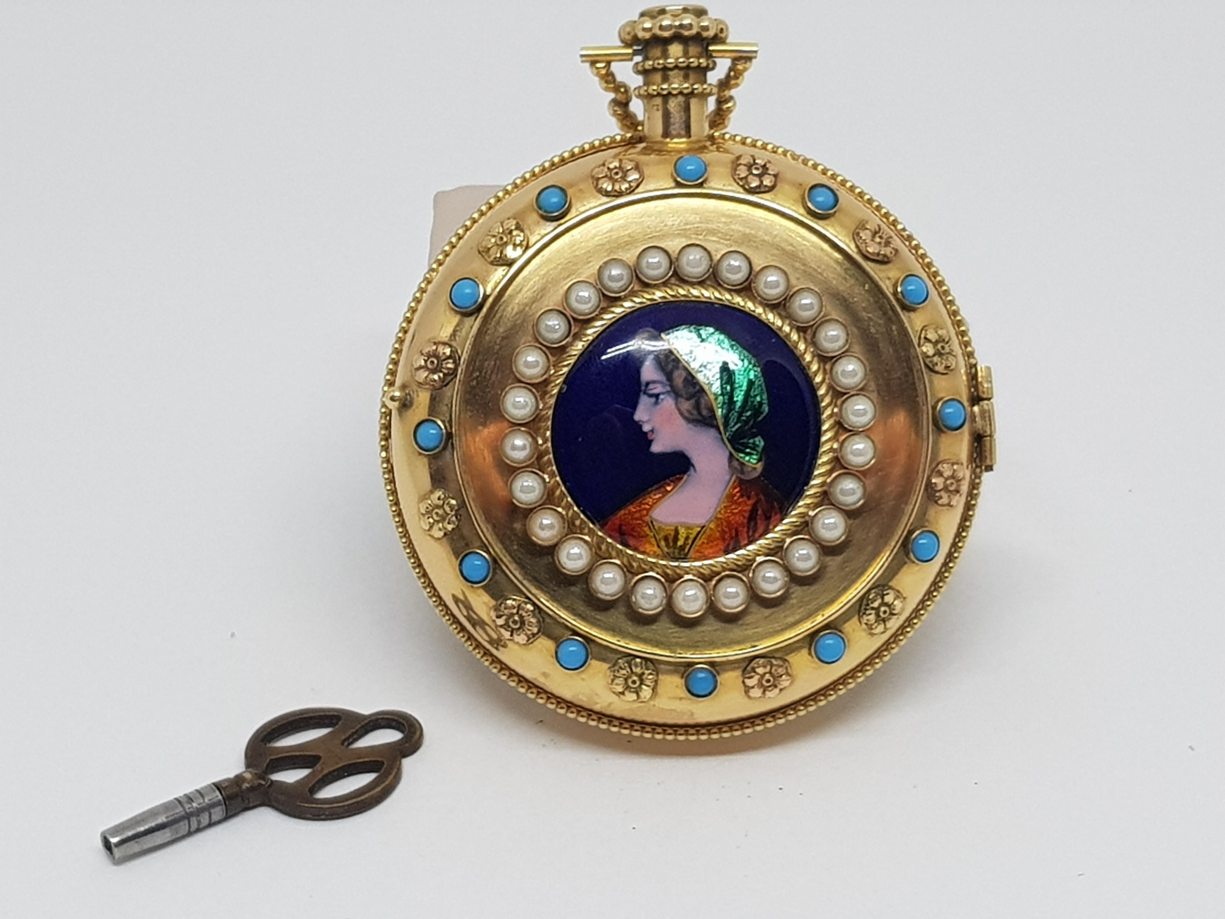 Colladon A. Geneve Antique Turquoise Baby Pearls Enamel Gold Pocket Watch For Sale 10