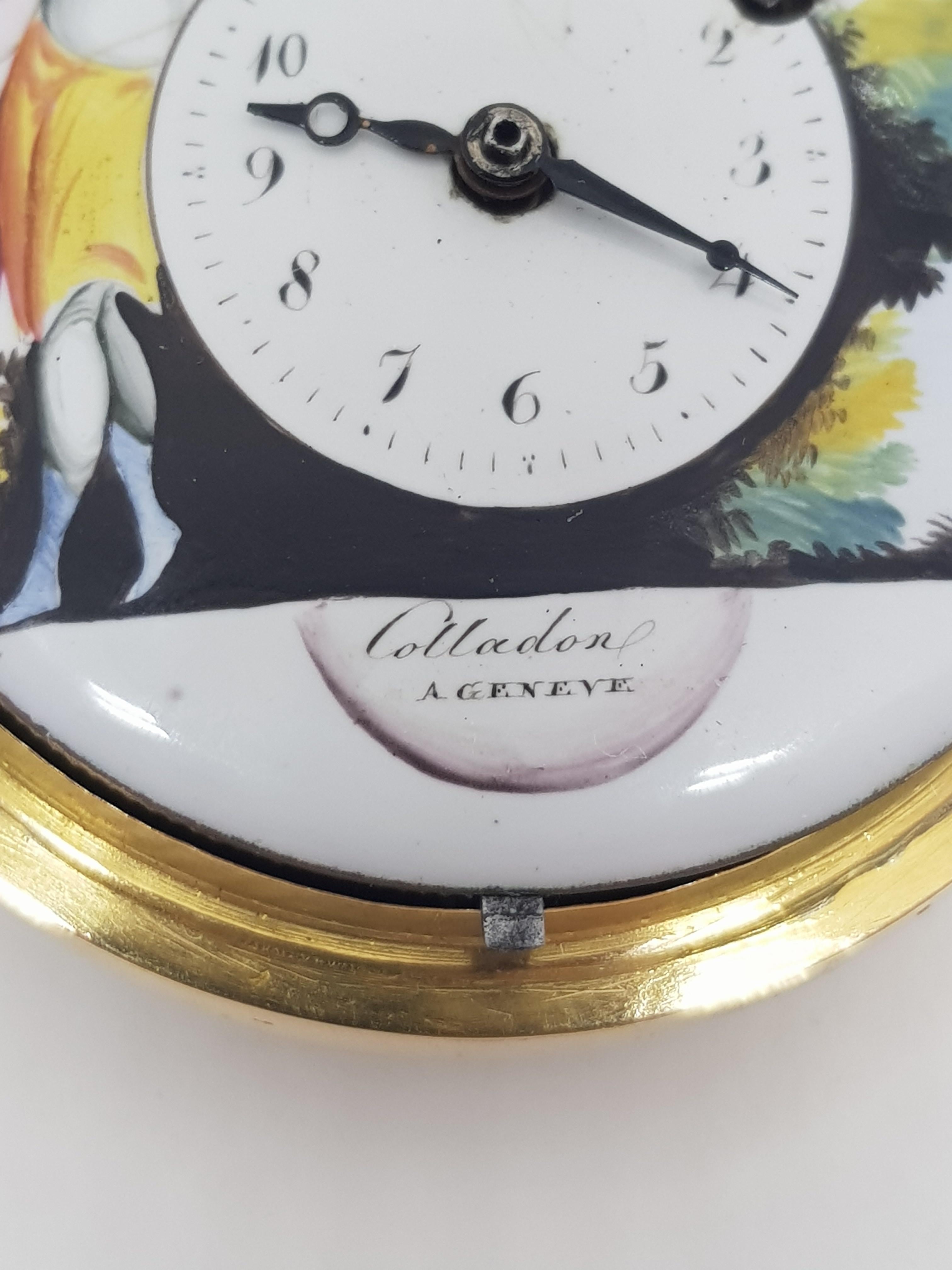 Cabochon Colladon A. Geneve Antique Turquoise Baby Pearls Enamel Gold Pocket Watch For Sale