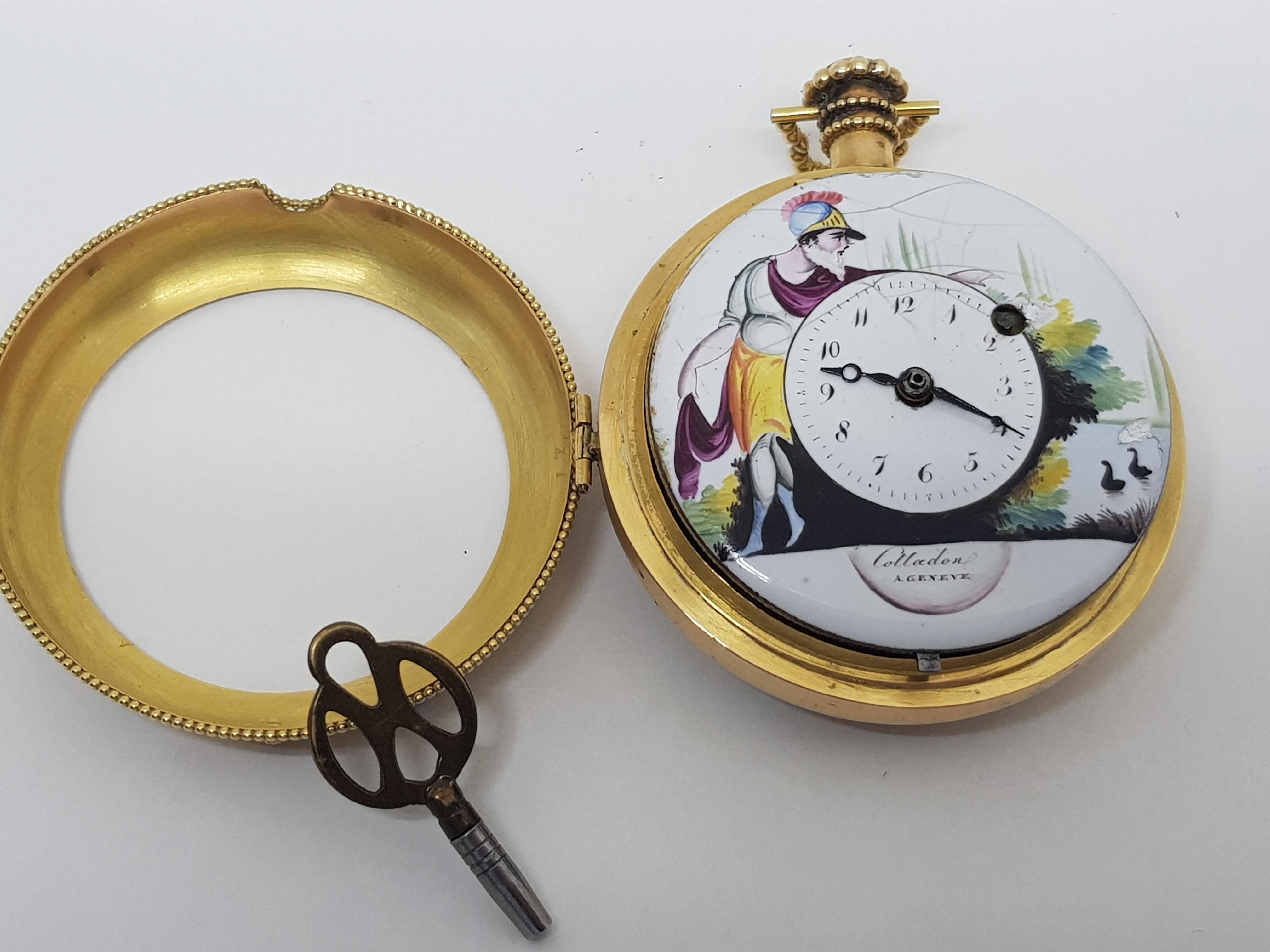 Colladon A. Geneve Antique Turquoise Baby Pearls Enamel Gold Pocket Watch In Good Condition For Sale In Antwerp, BE