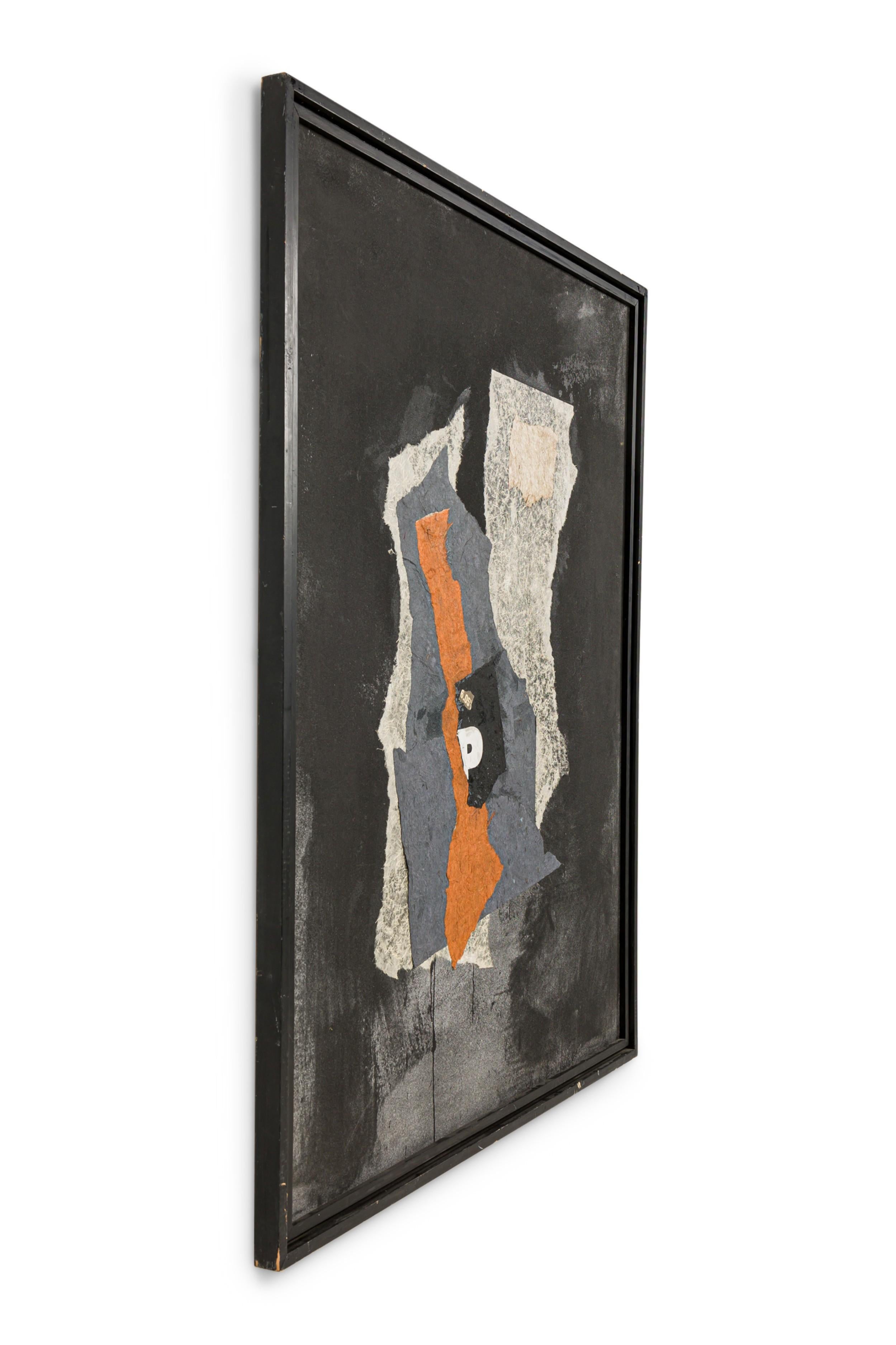 Copy of Abstract multimedia painting having a black ground with collage in grey, yellow, umber and black collage, partial letters

Condition: Good; Wear consistent with age and use