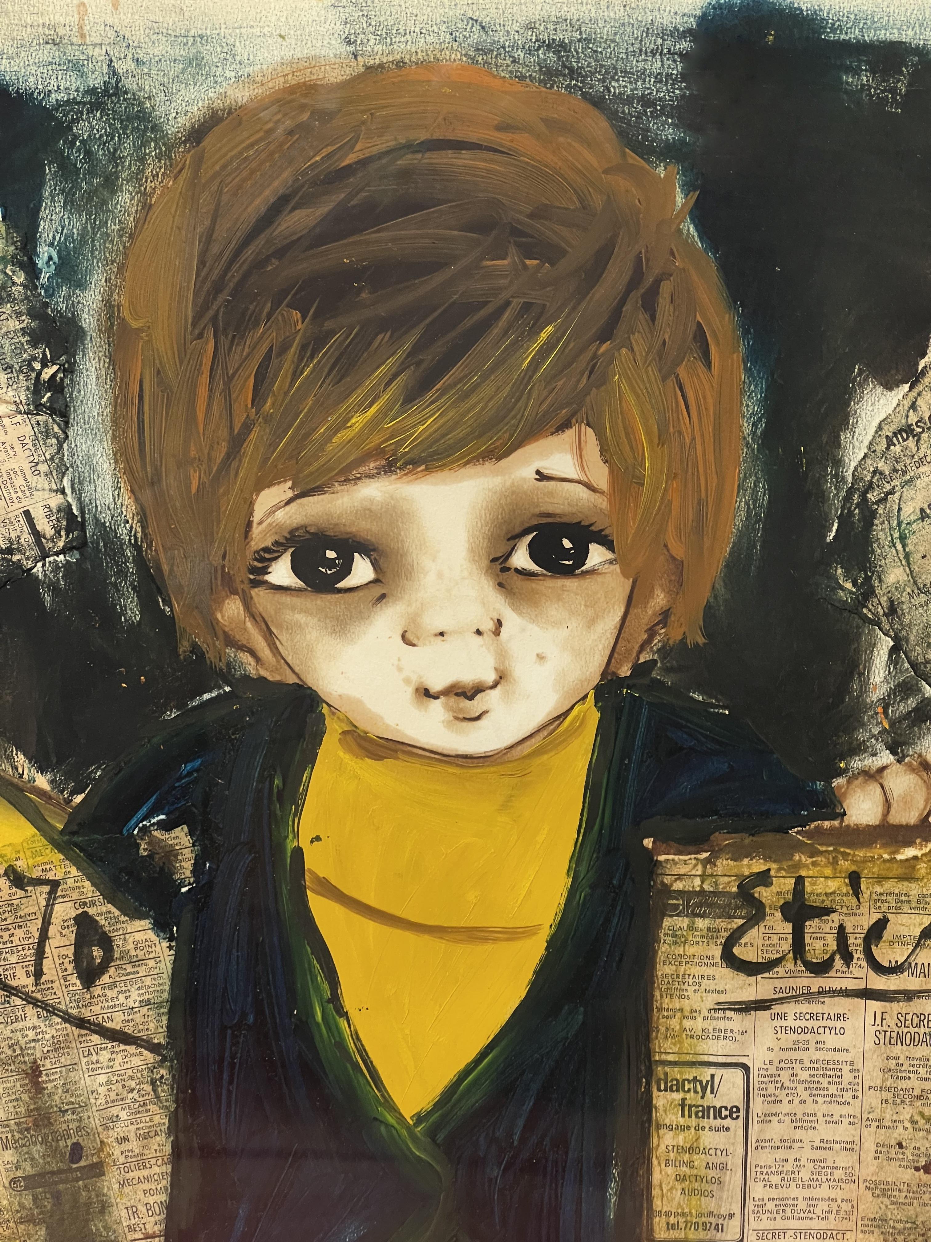 Depicting a big eyed newsboy holding a stack of newspapers, this painting has an interesting medium. It was rendered in watercolor on board with original newspaper applied to the subject. It is signed by the French artist, Etienne, in the middle