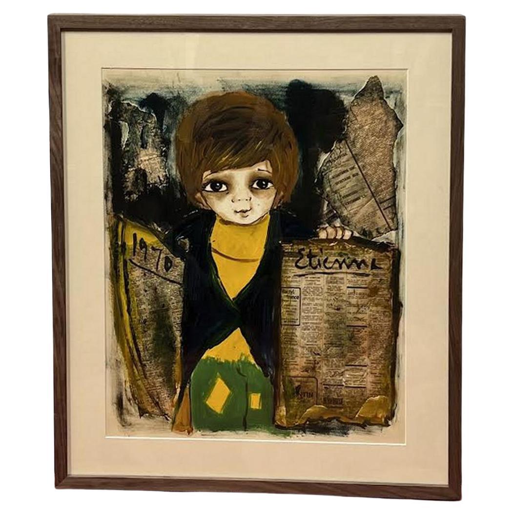 Collage and Watercolor of a Newsboy by Roger Etienne For Sale