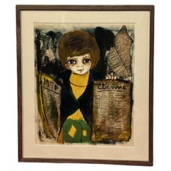 Vintage Collage and Watercolor of a Newsboy by Roger Etienne