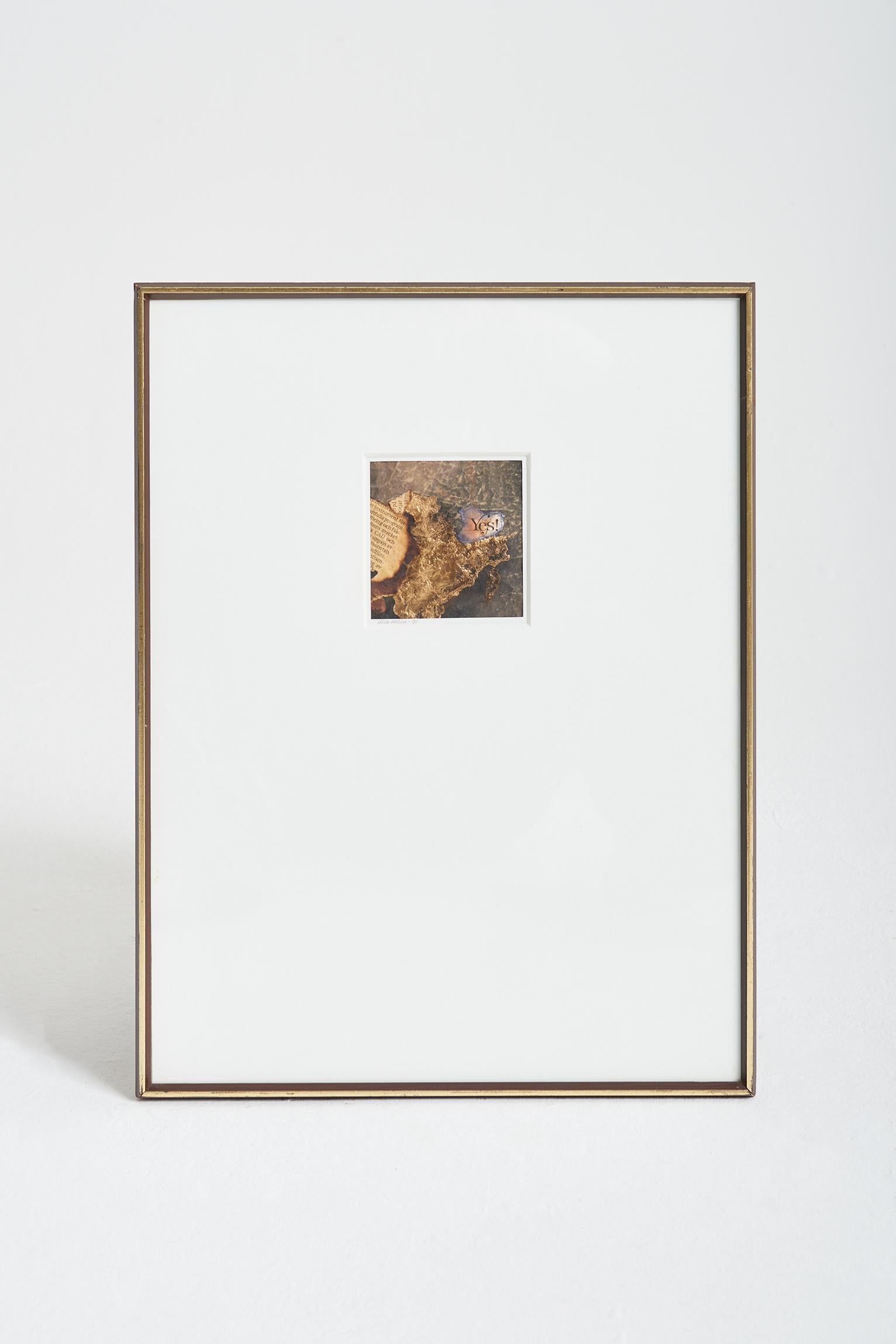 A collage by Ulla Helin.
MIxed media including gold leaf, and burnt newspaper clippings. 
Signed and dated 1991.