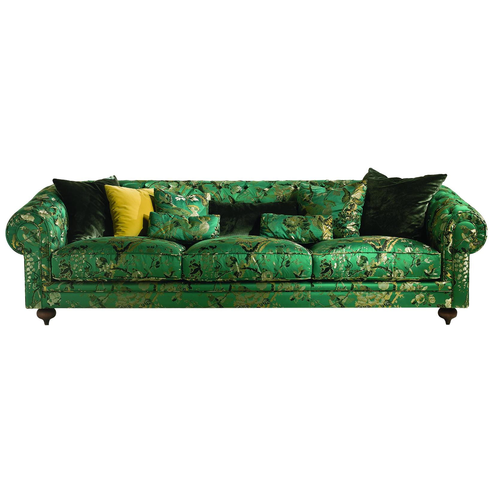 COLLAGE/CHESTER 3-Seat Sofa in capitonnè and Jacquard Flower Fabric - walnut  For Sale