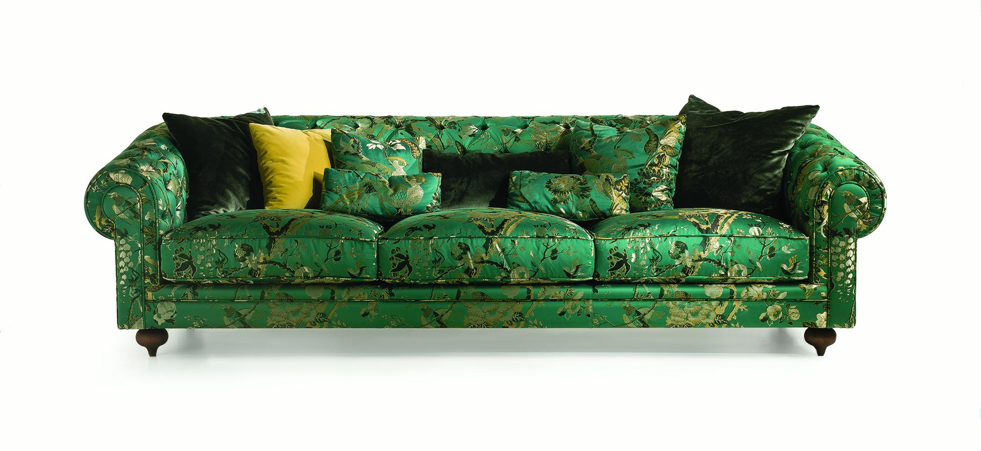 COLLAGE/CHESTER 3-Sitz-Sofa aus Capitonnè und Jacquard Flower Fabric - Walnuss  (Louis XV.) im Angebot