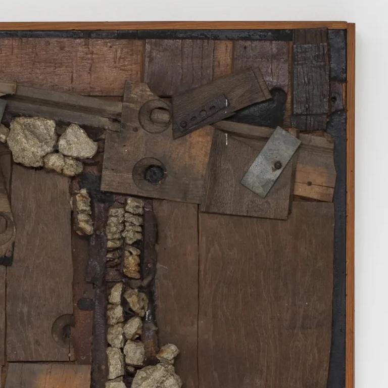 Collage assembled from boxes, stained linen, stones, patinated metal and wire. Showing the influence of Alberto Burri. Unknown artist, English School, c. 1960's.
Measures: 55cm H x 35cm W.