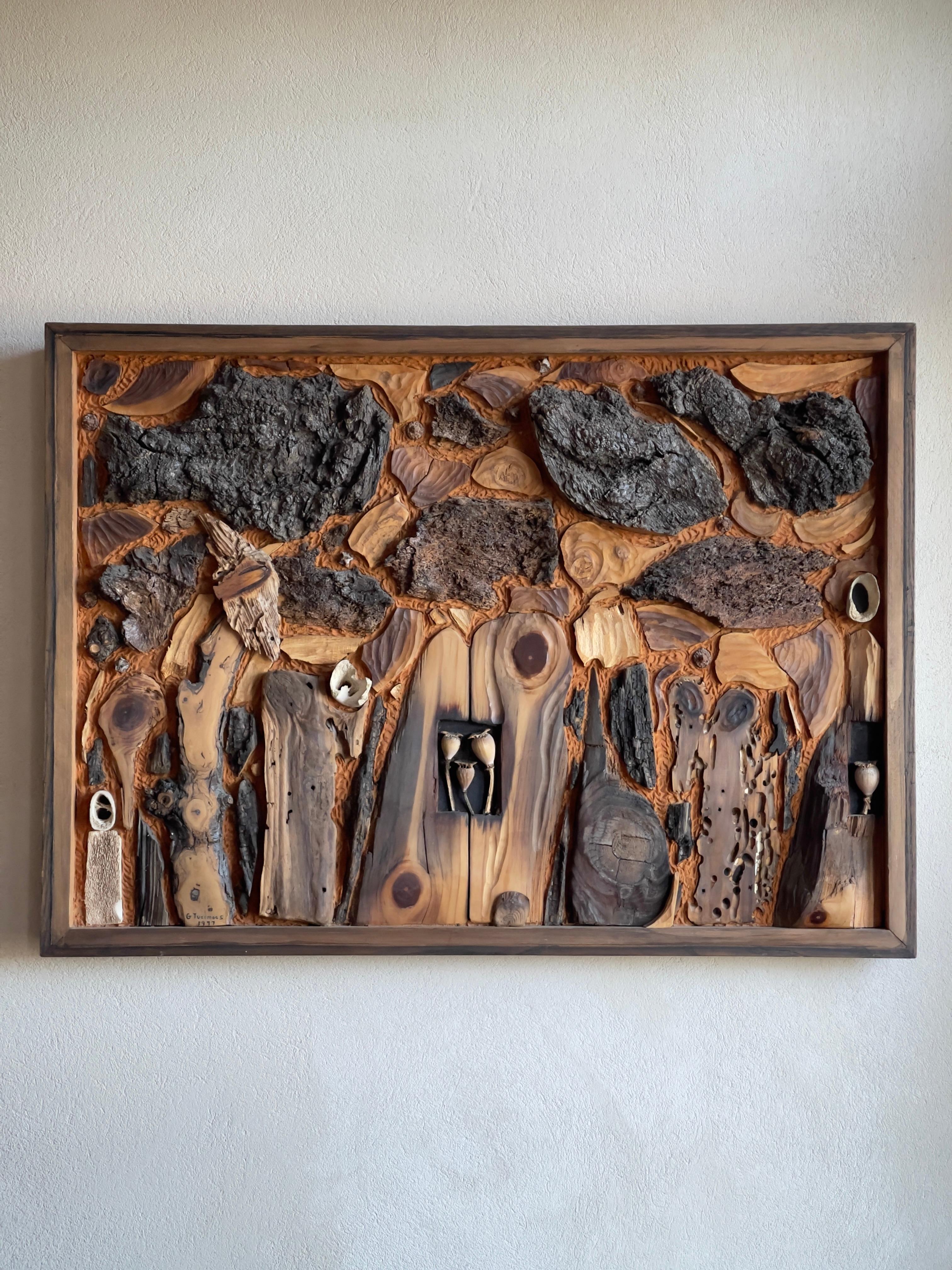 Danish Collage of natural elements in solid pine frame by G. Tvermoes Denmark 1977  For Sale