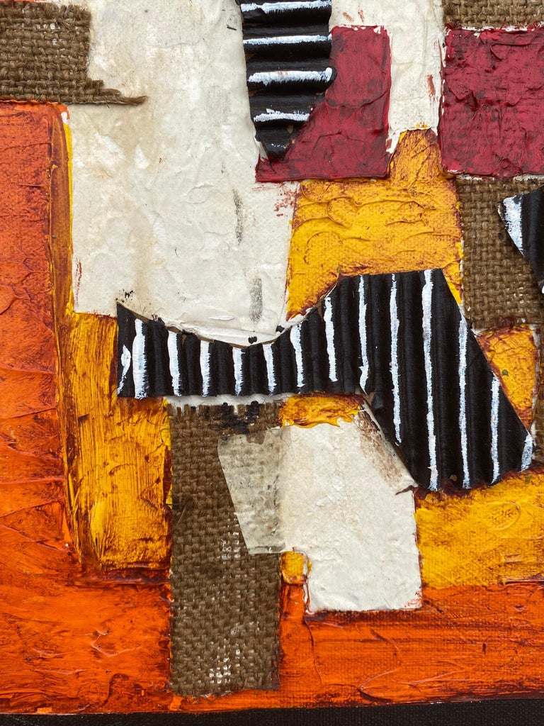 1970's Collage painting in shades of orange and yellows. Cardboard and burlap glued and painted. Colors very vibrant! Painting in Nice Shape. Signed bottom right.
