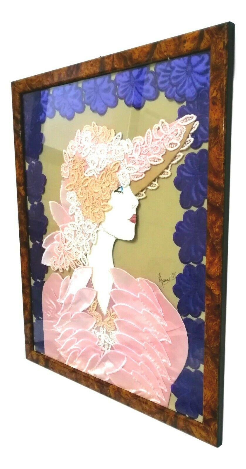 Italian Collage Picture in Satin Lace and Applications with Woman Figure, 1980s For Sale