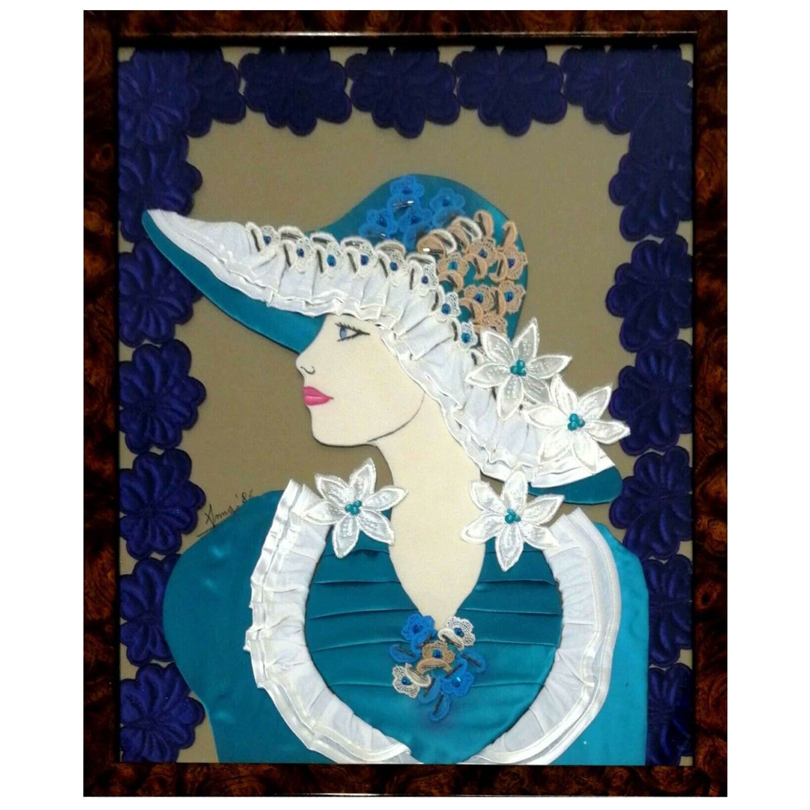 Collage Picture in Satin Lace and Applications with Woman Figure, 1980s